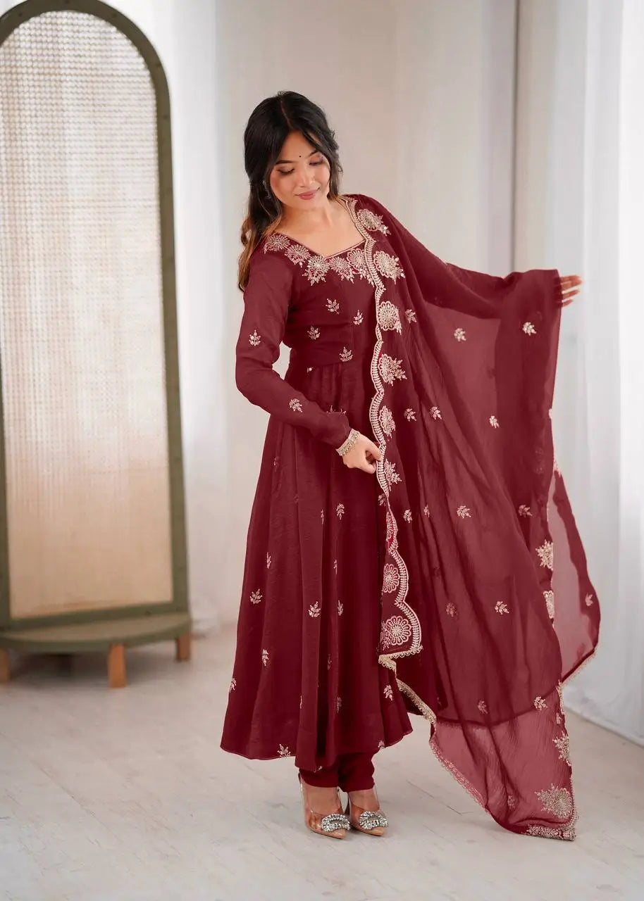Embroidered Crunchy Silk Anarkali Gown Set