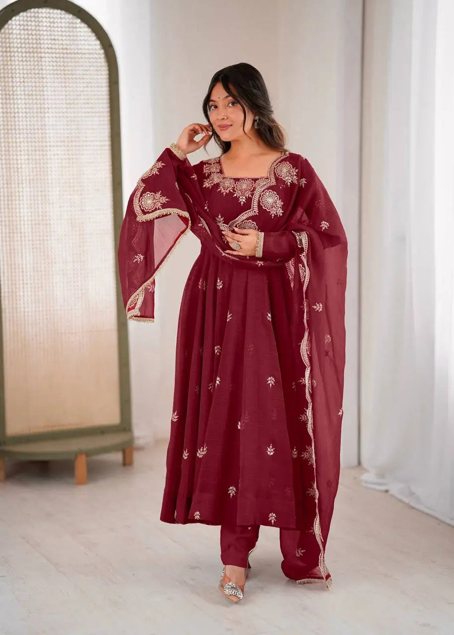 Embroidered Crunchy Silk Anarkali Gown Set