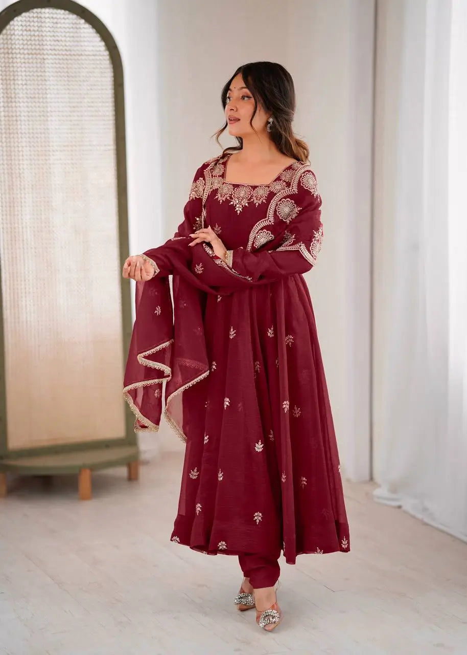 Embroidered Crunchy Silk Anarkali Gown Set