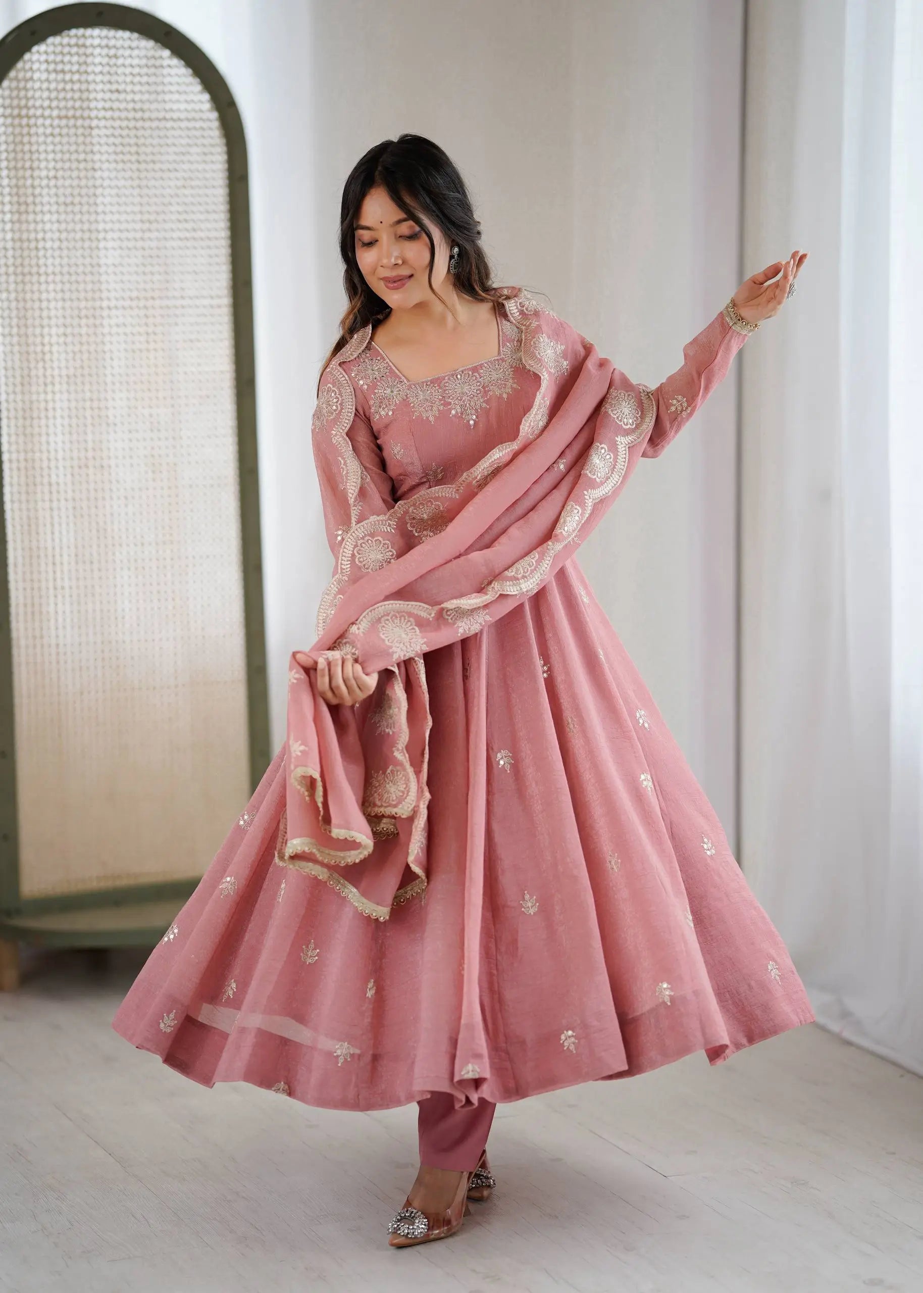 Embroidered Crunchy Silk Anarkali Gown Set