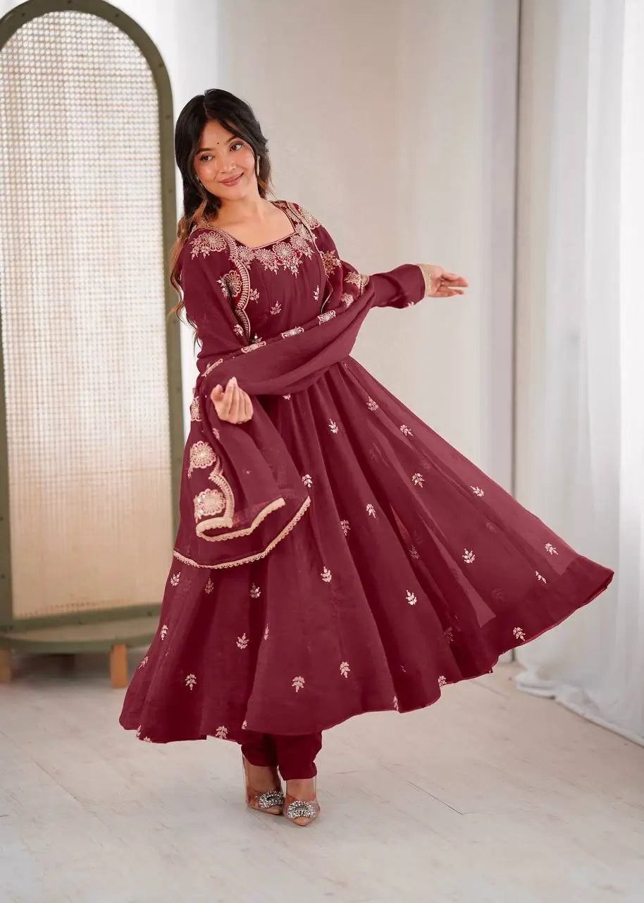 Embroidered Crunchy Silk Anarkali Gown Set