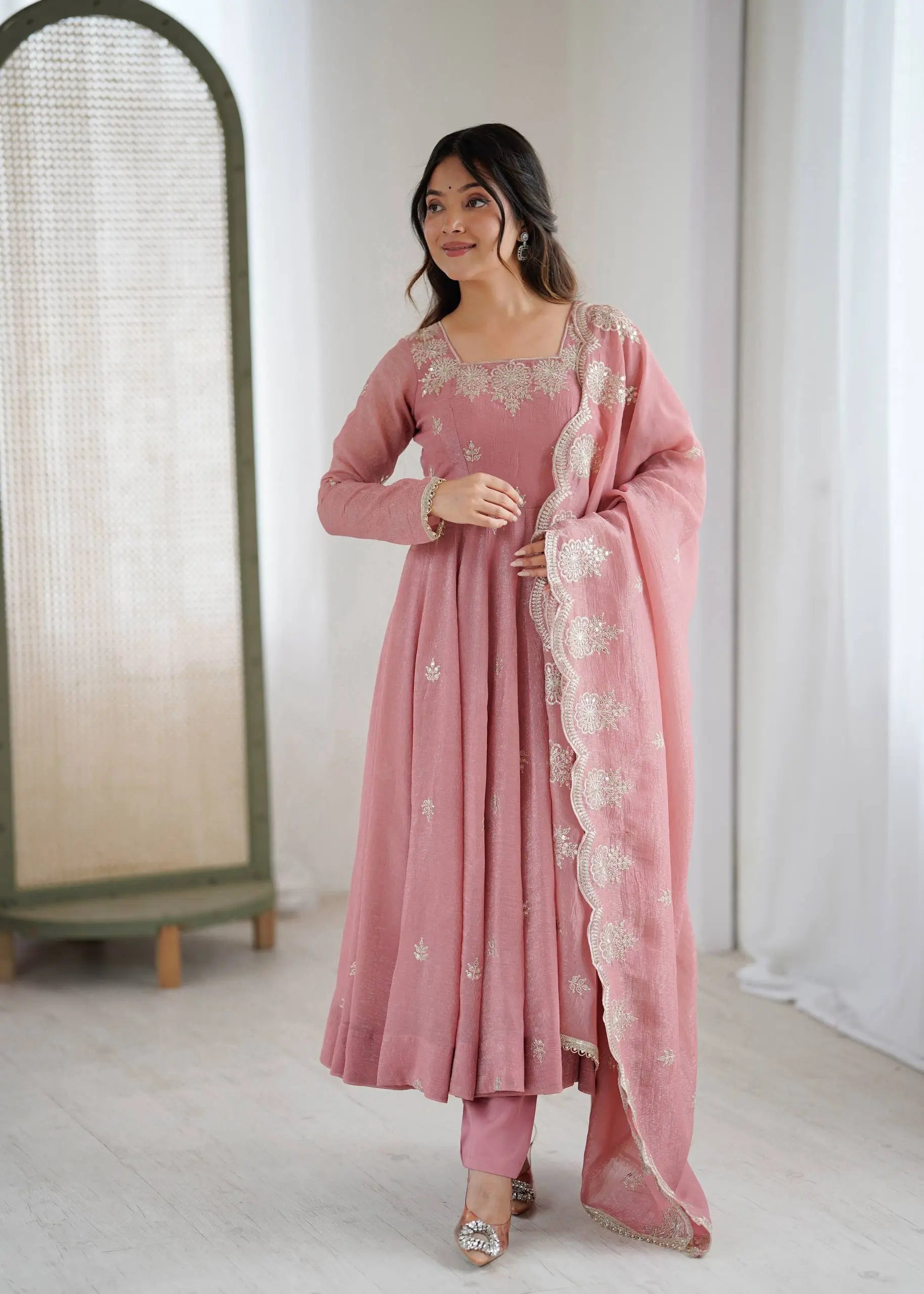 Embroidered Crunchy Silk Anarkali Gown Set