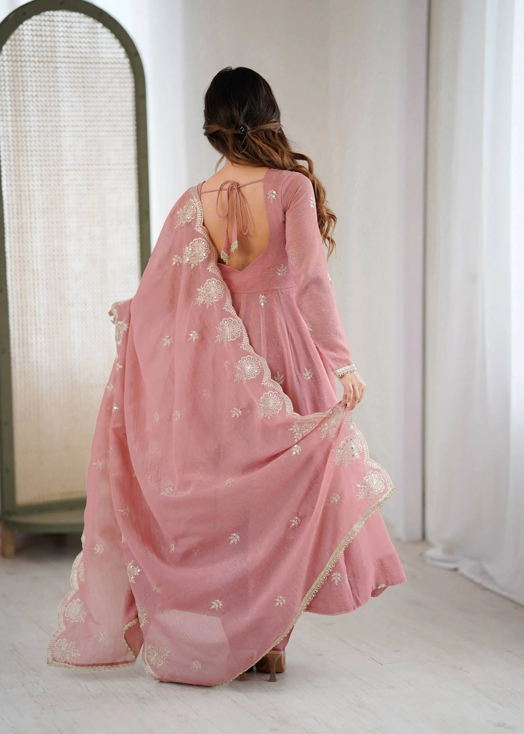 Embroidered Crunchy Silk Anarkali Gown Set