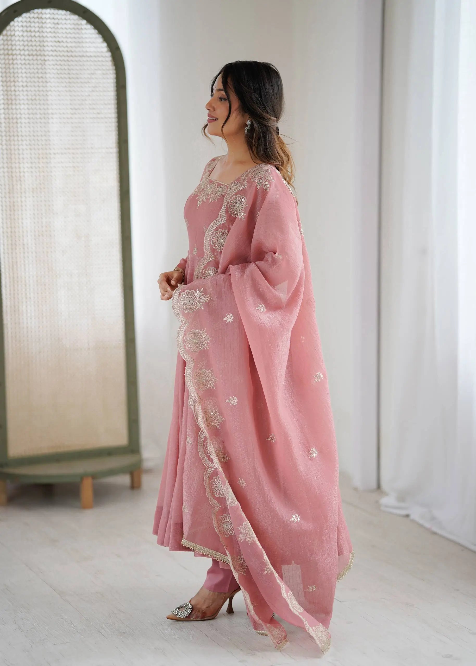 Embroidered Crunchy Silk Anarkali Gown Set