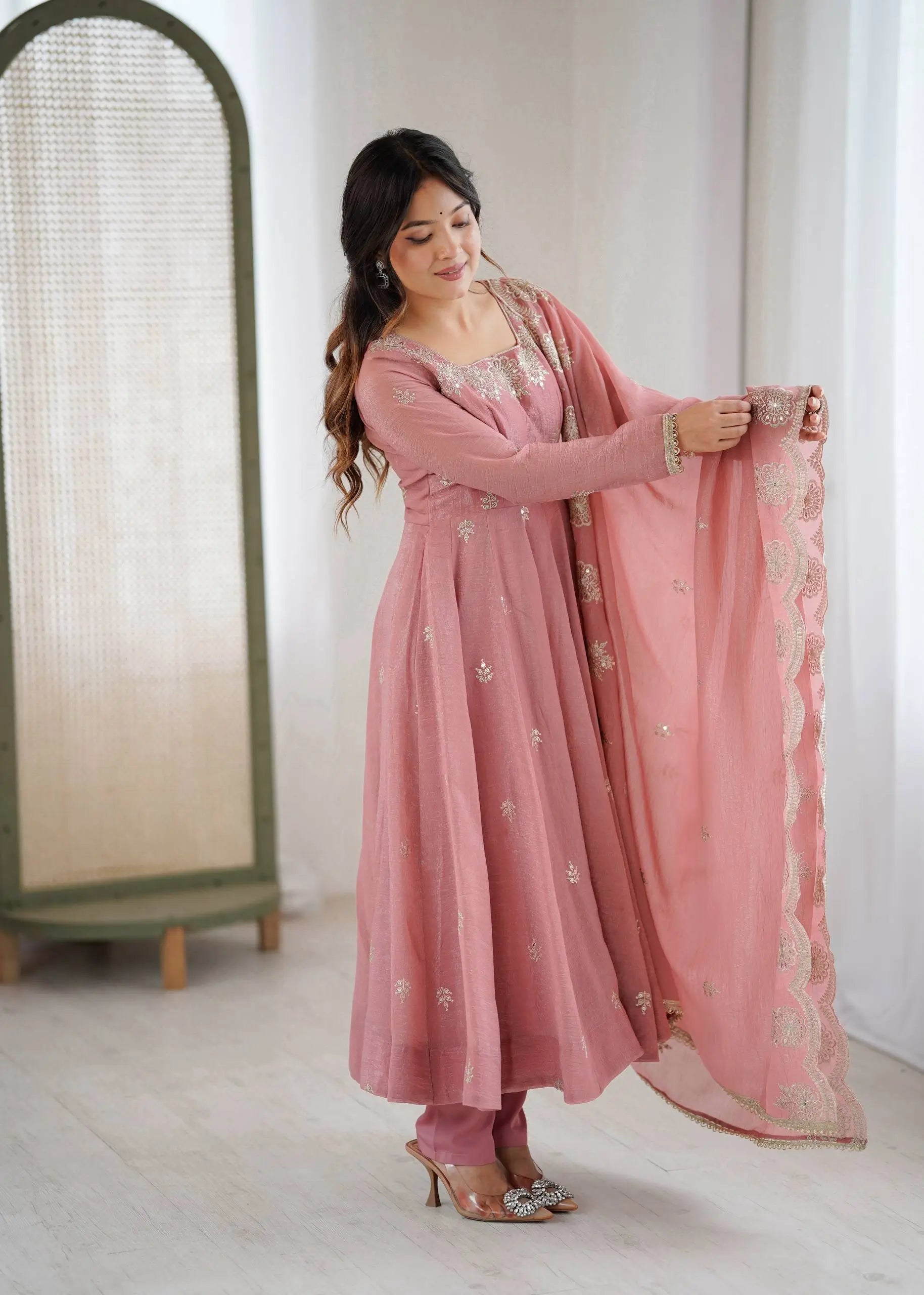 Embroidered Crunchy Silk Anarkali Gown Set