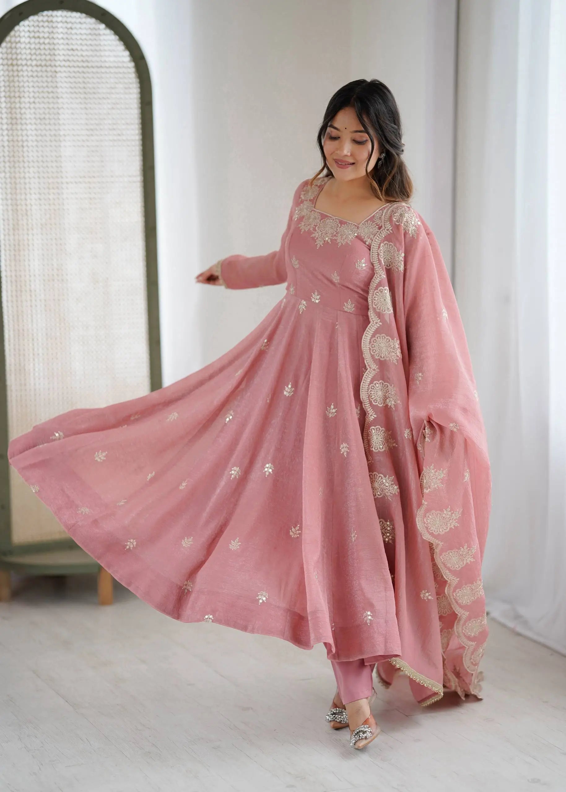 Embroidered Crunchy Silk Anarkali Gown Set
