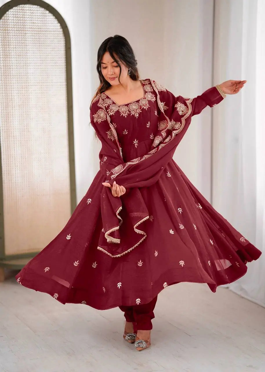 Embroidered Crunchy Silk Anarkali Gown Set