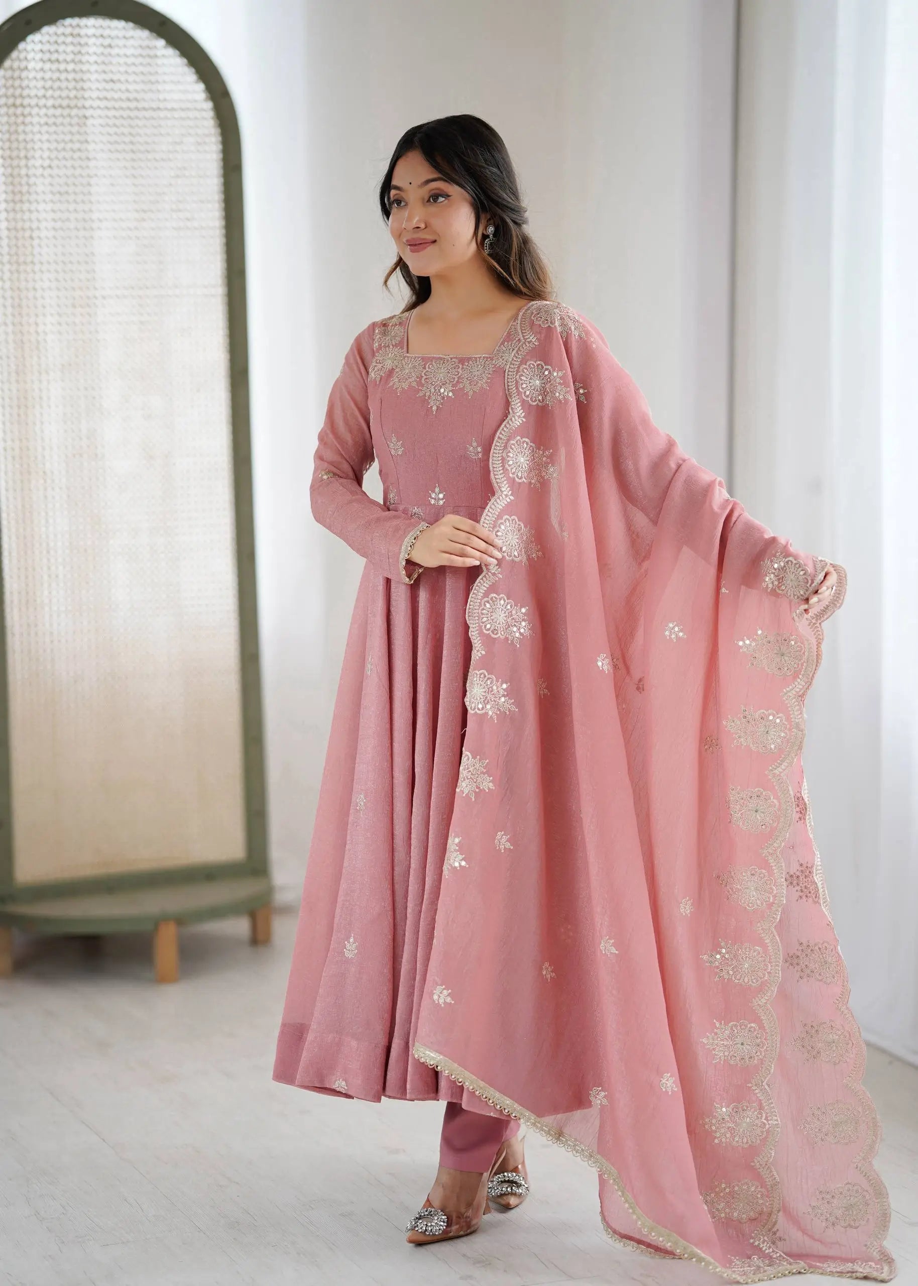 Embroidered Crunchy Silk Anarkali Gown Set