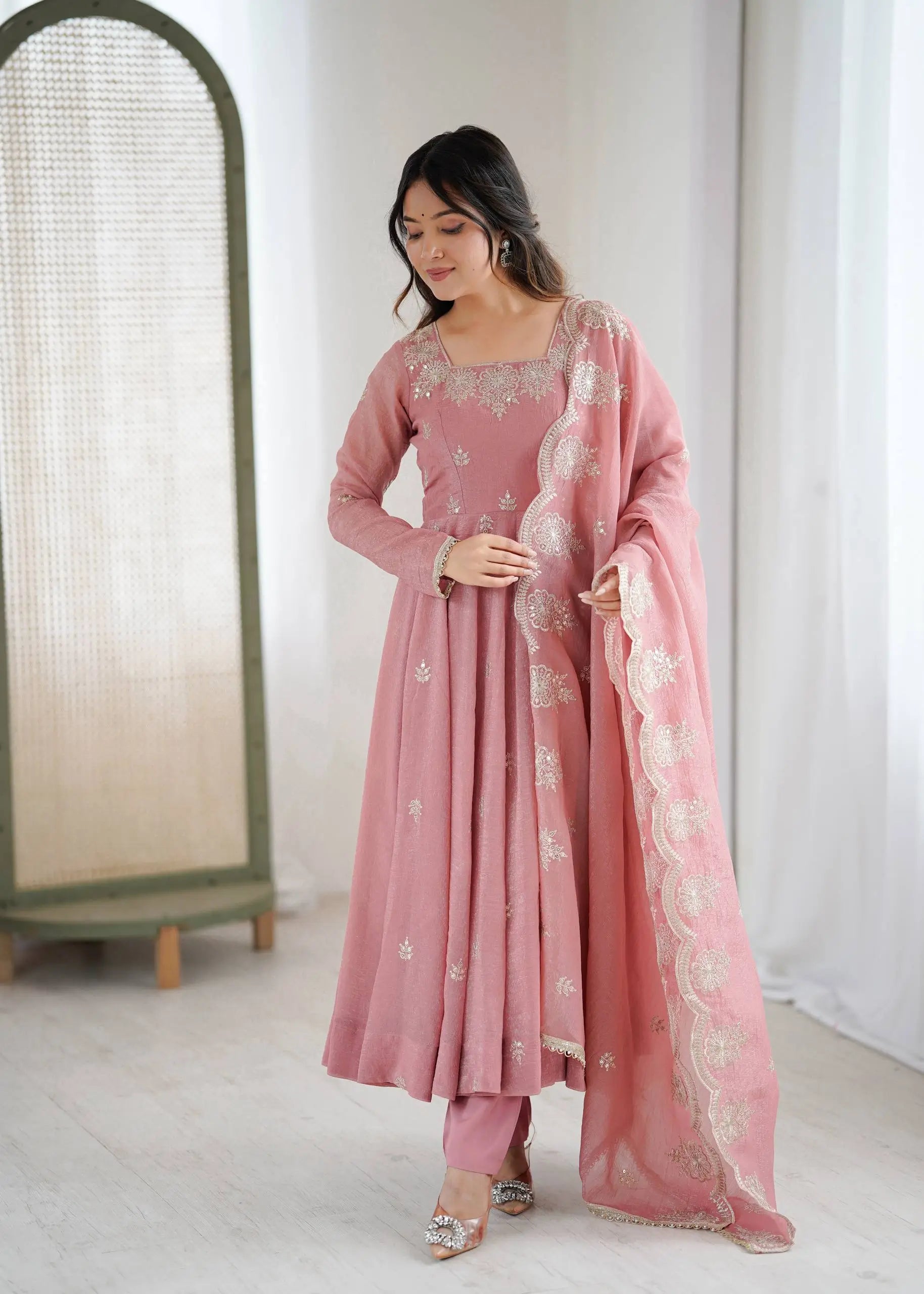 Embroidered Crunchy Silk Anarkali Gown Set