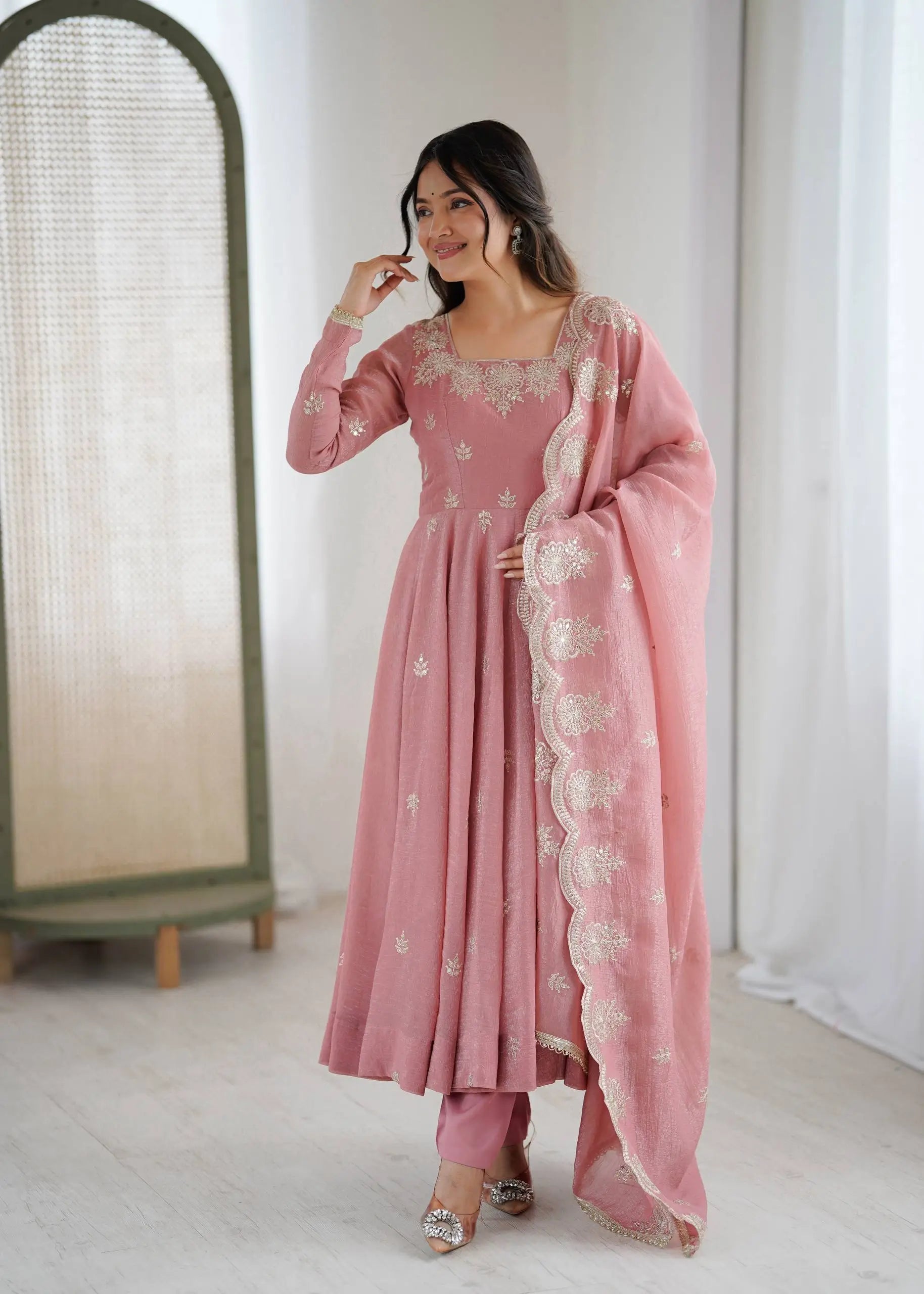 Embroidered Crunchy Silk Anarkali Gown Set