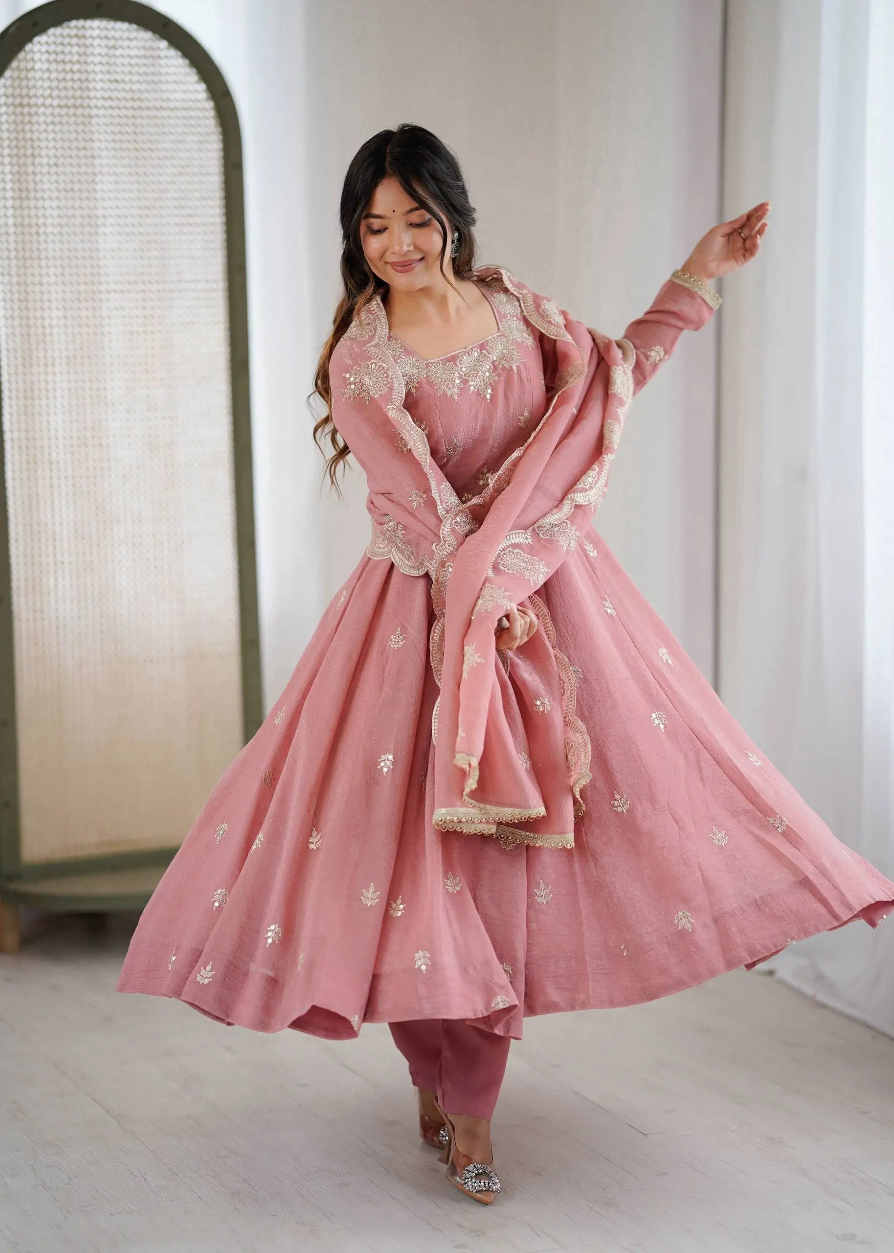 Embroidered Crunchy Silk Anarkali Gown Set