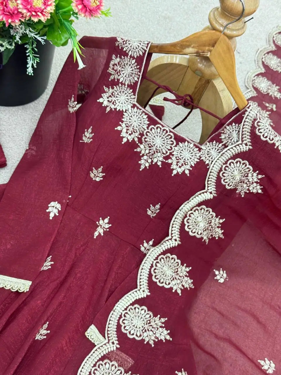 Embroidered Crunchy Silk Anarkali Gown Set