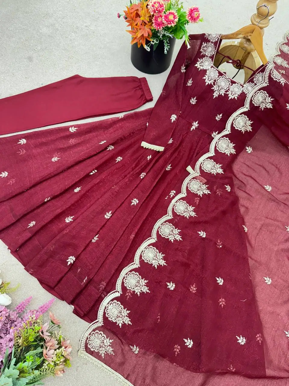 Embroidered Crunchy Silk Anarkali Gown Set