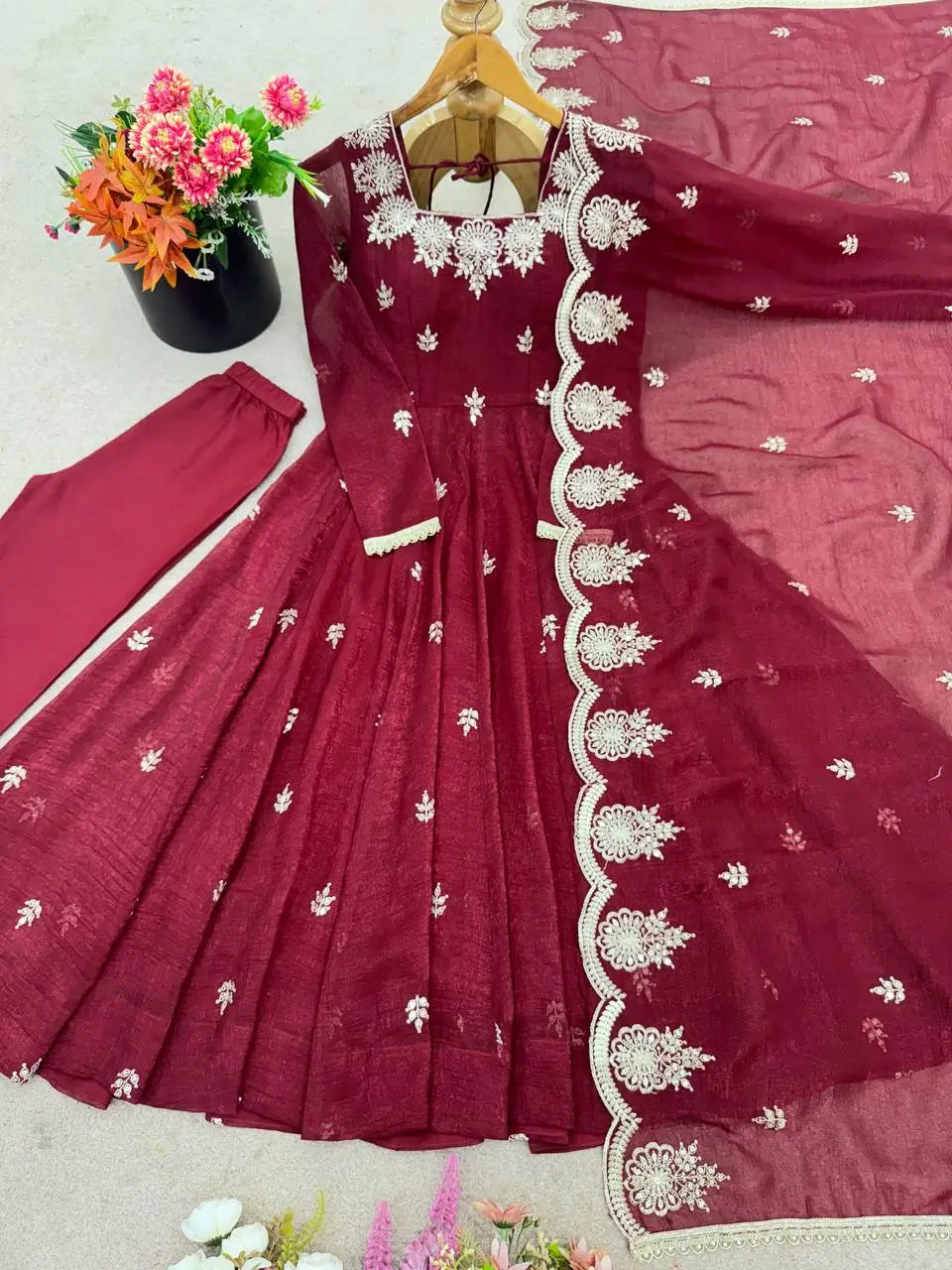 Embroidered Crunchy Silk Anarkali Gown Set
