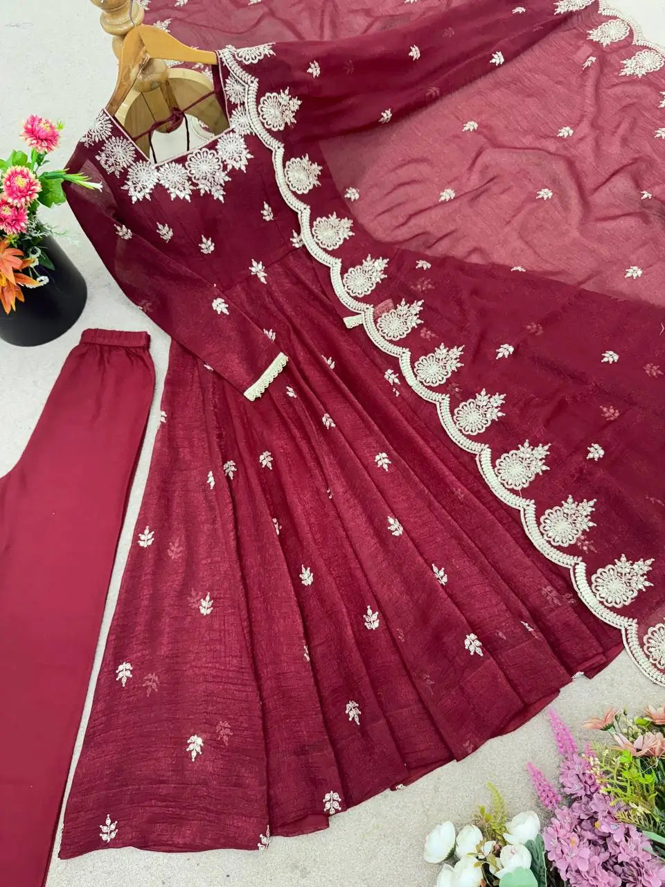 Embroidered Crunchy Silk Anarkali Gown Set