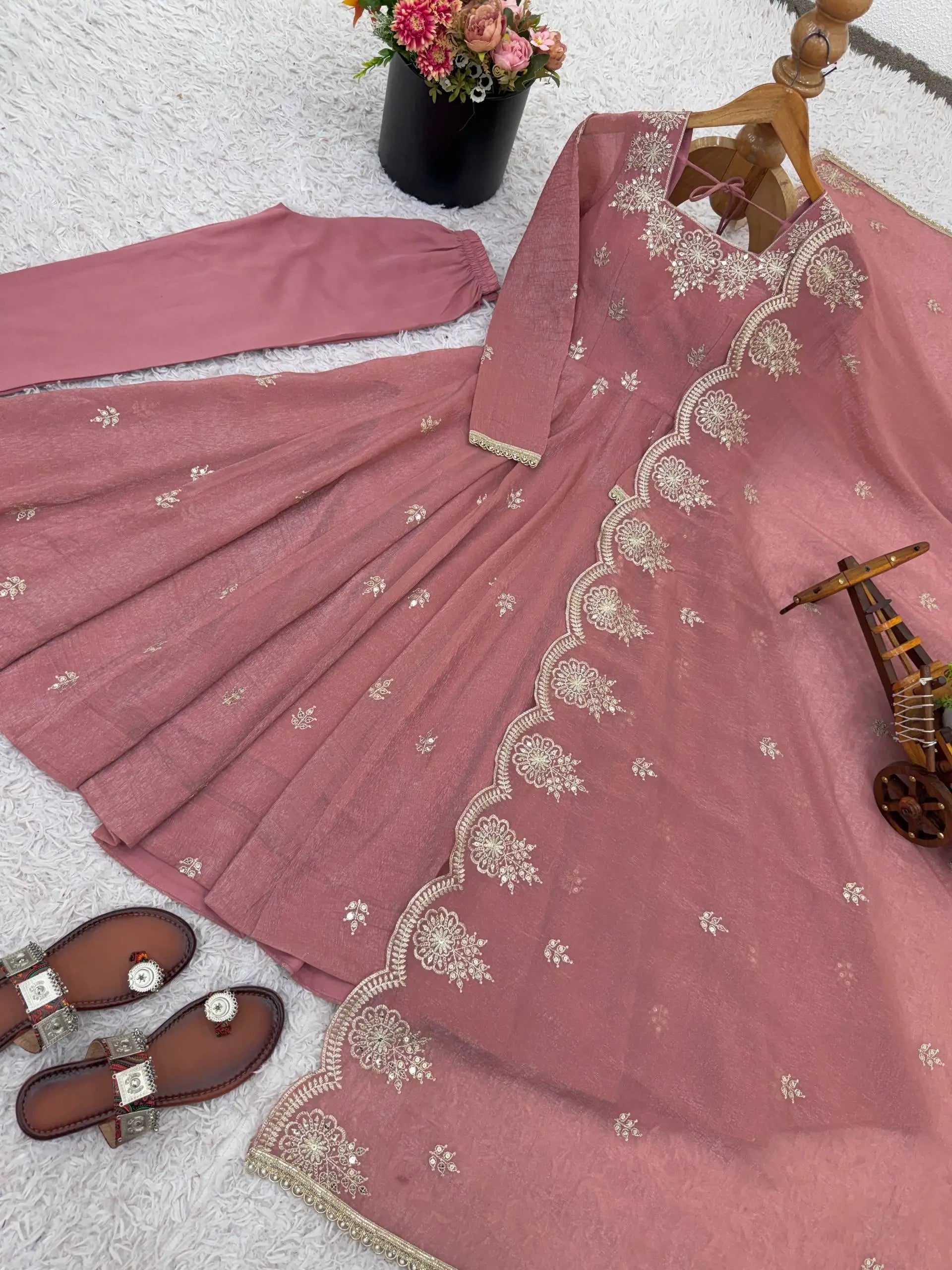 Embroidered Crunchy Silk Anarkali Gown Set