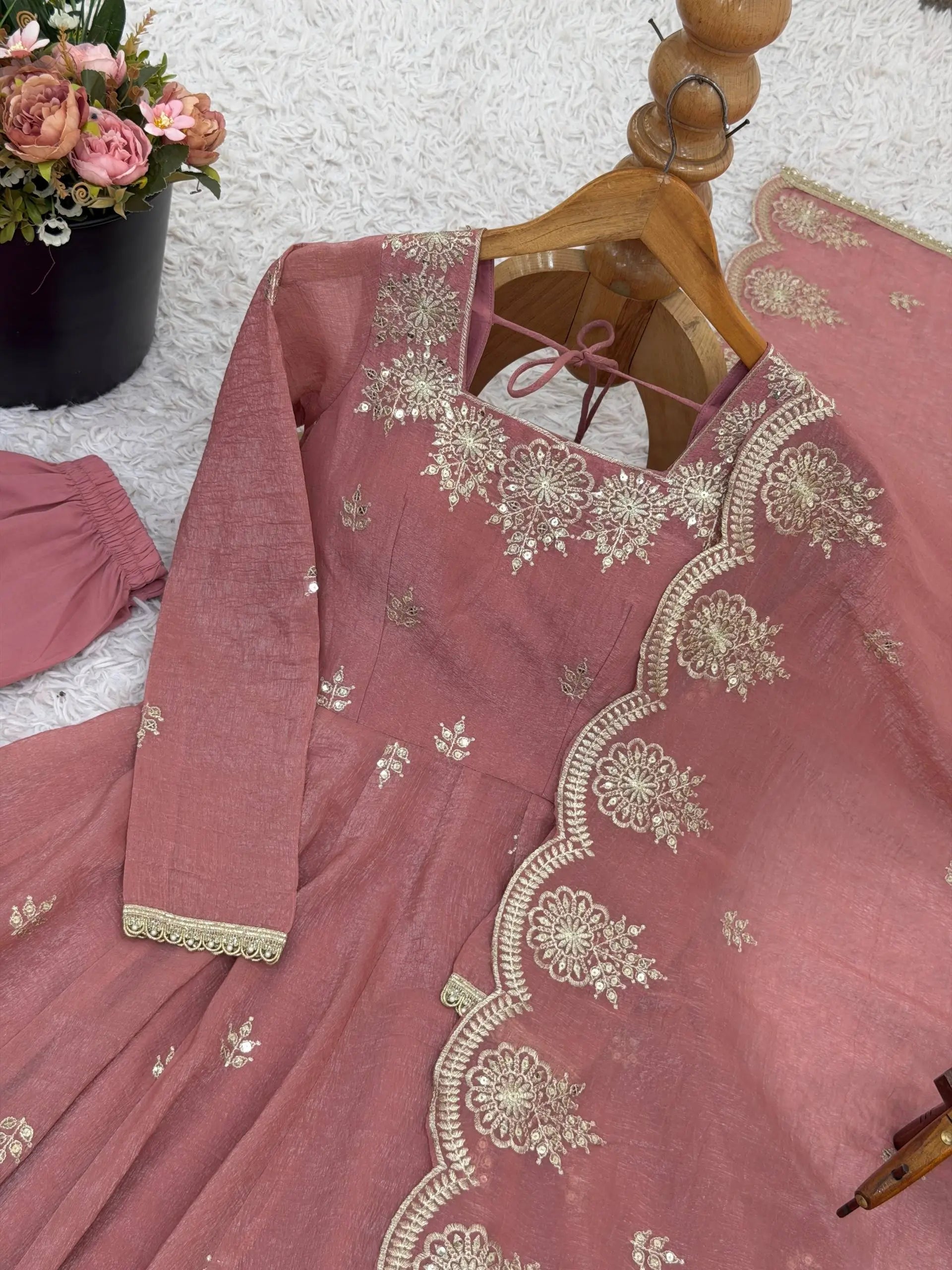 Embroidered Crunchy Silk Anarkali Gown Set