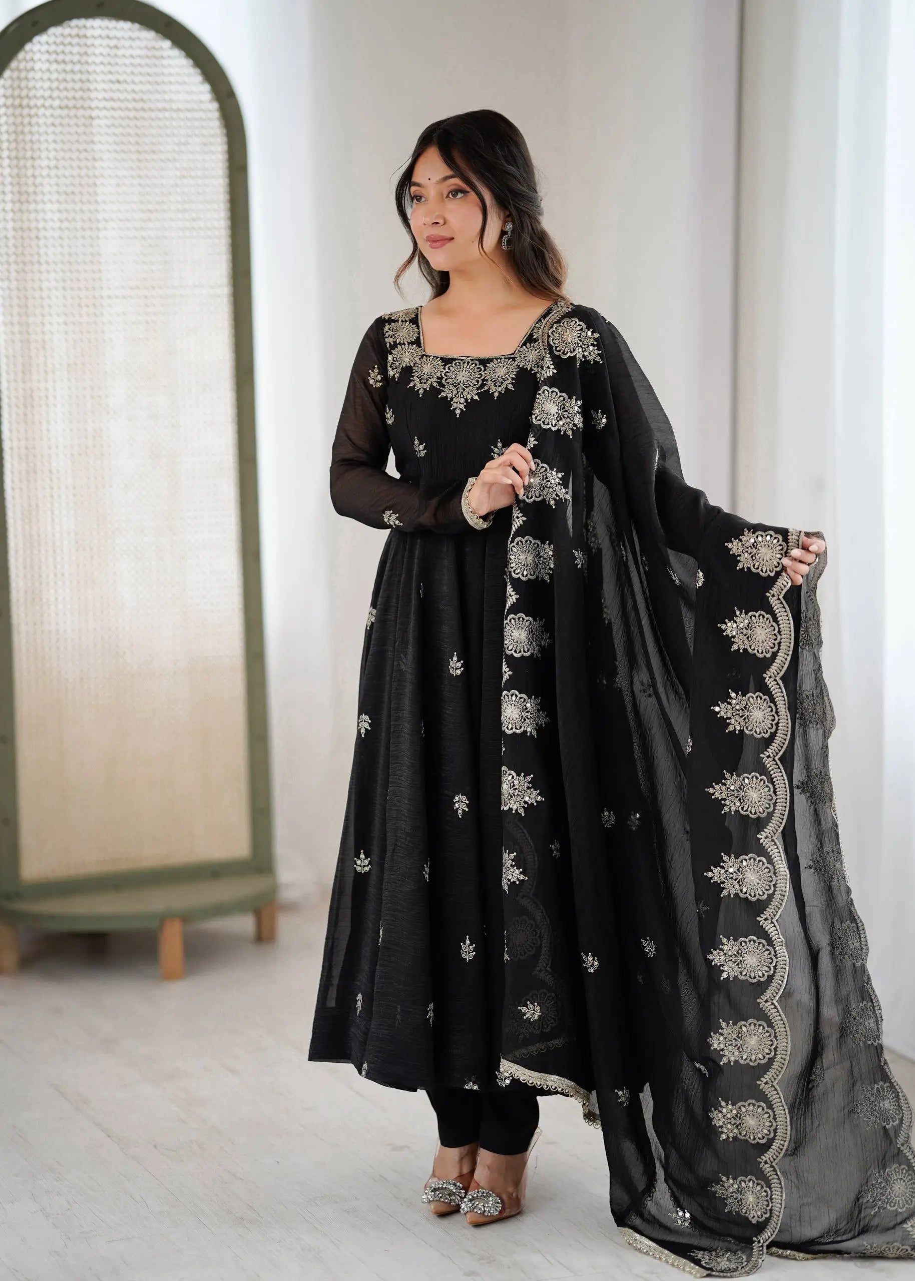 Embroidered Crunchy Silk Anarkali Gown Set