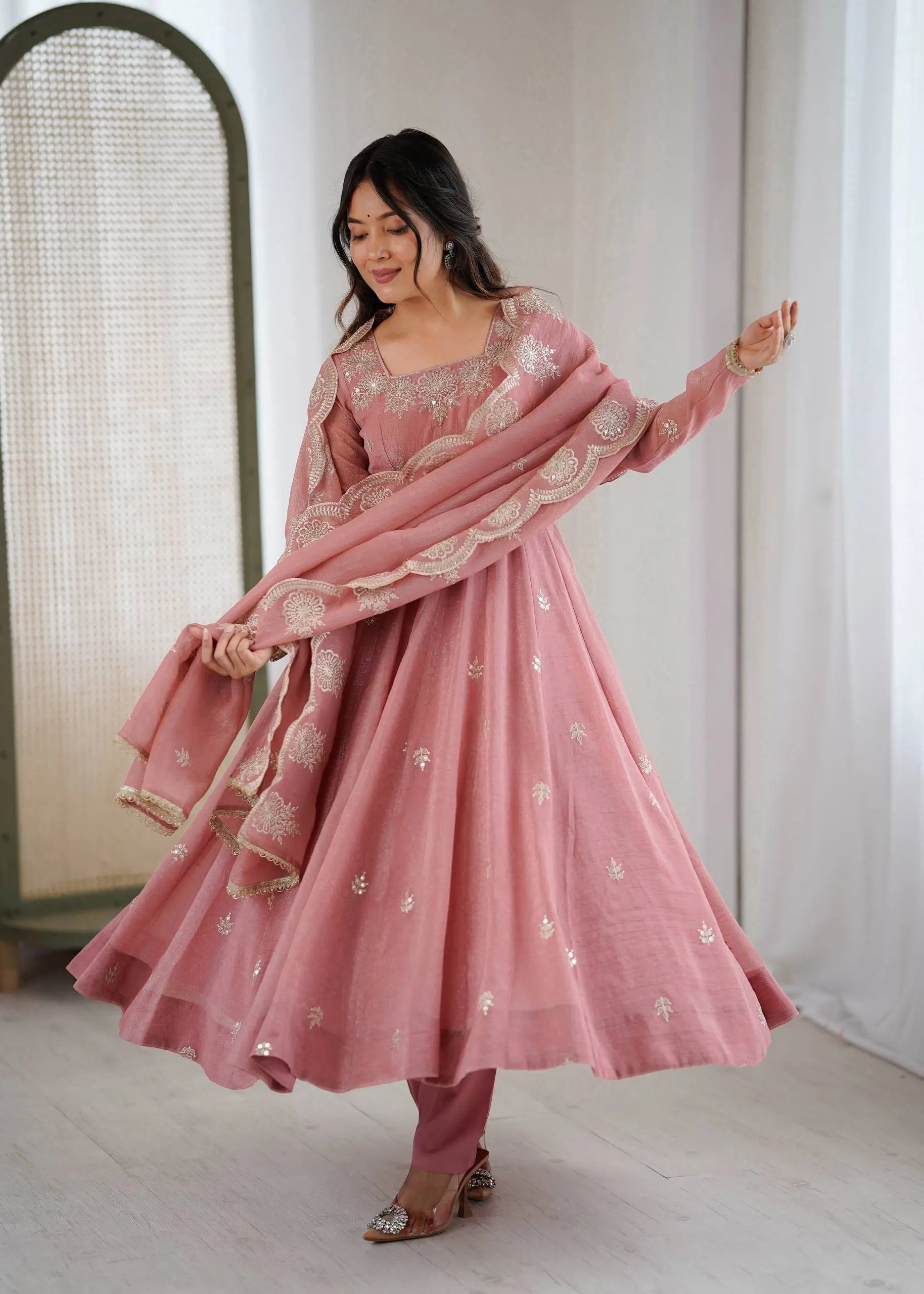Embroidered Crunchy Silk Anarkali Gown Set