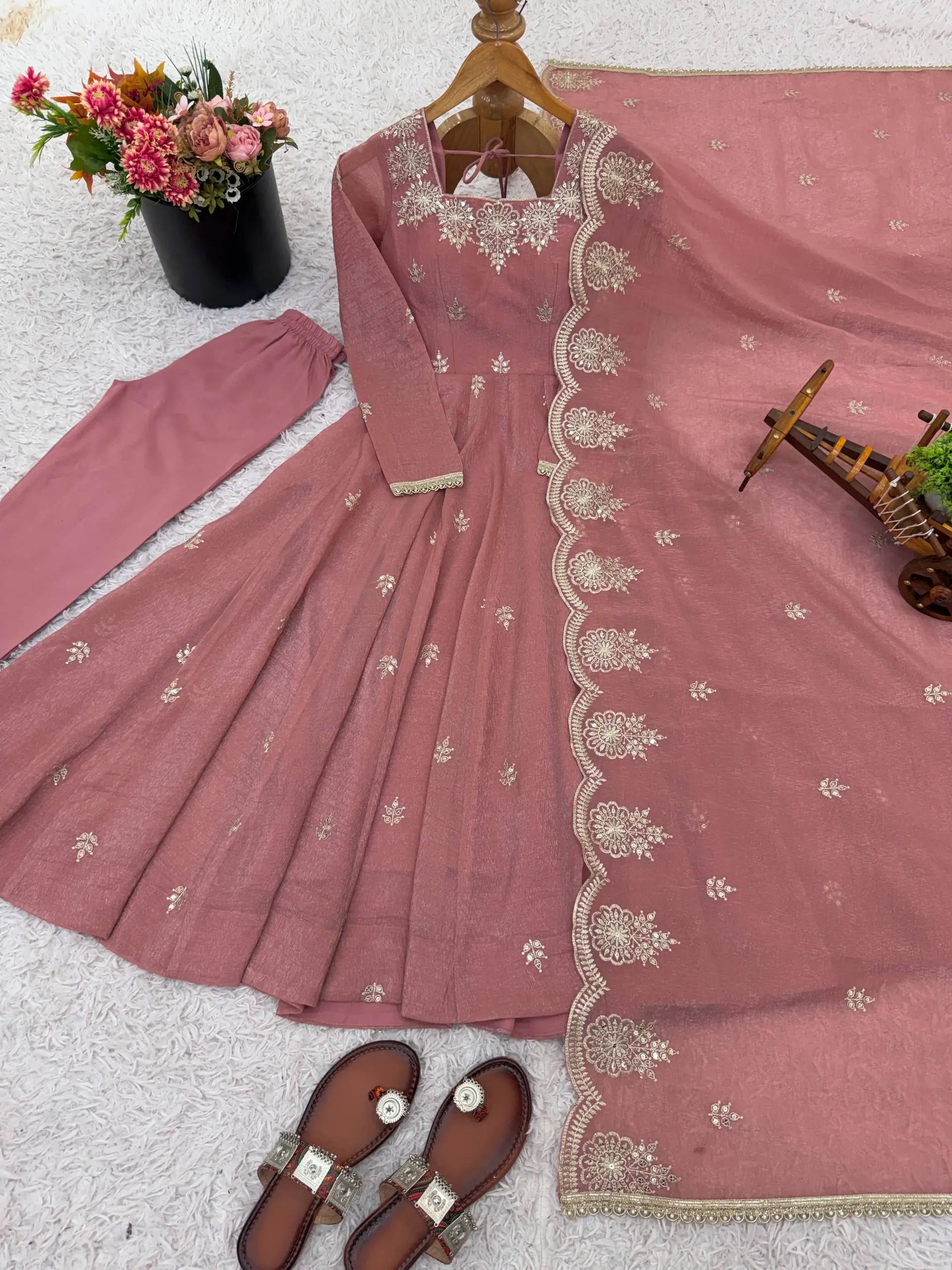 Embroidered Crunchy Silk Anarkali Gown Set