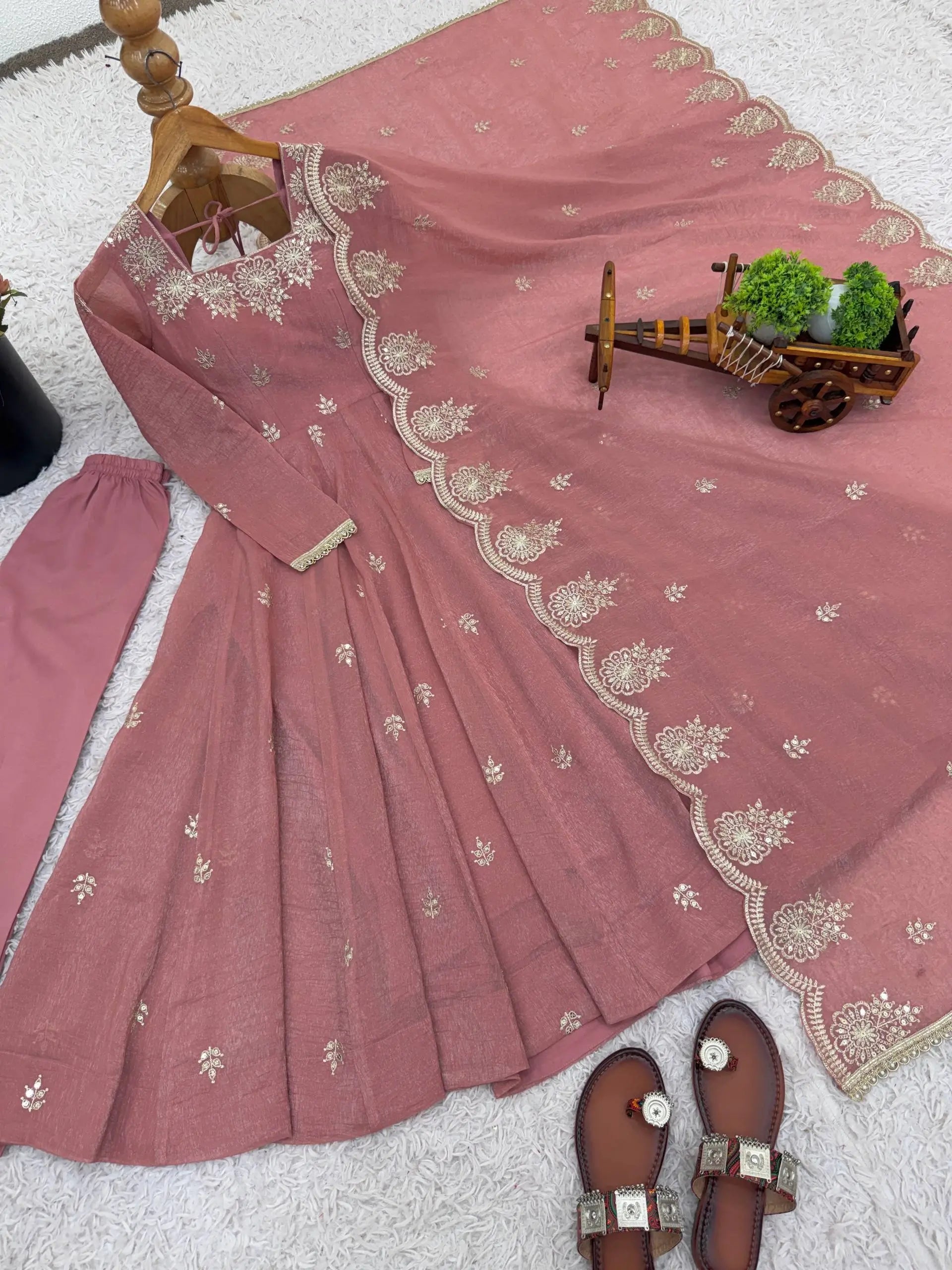 Embroidered Crunchy Silk Anarkali Gown Set