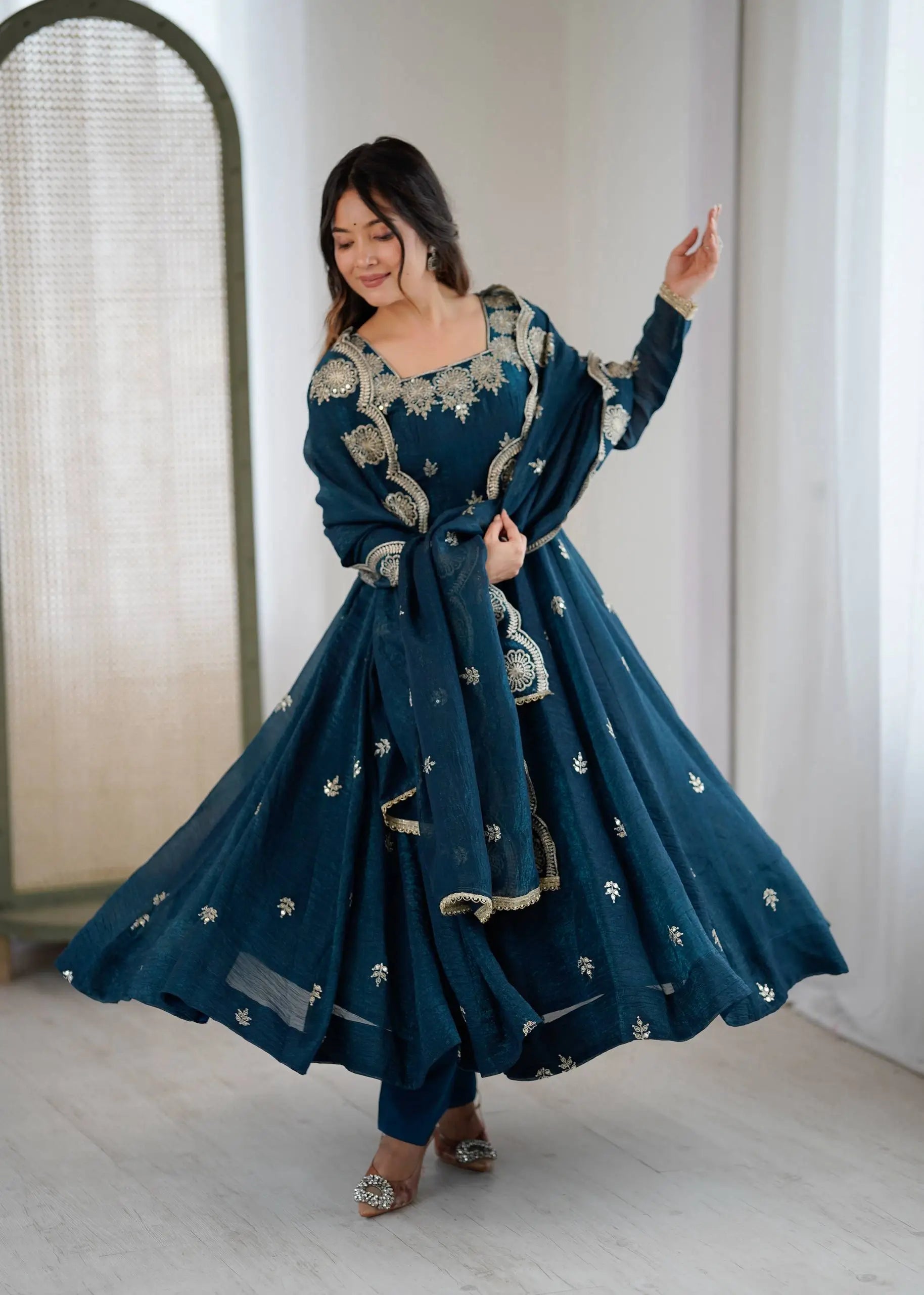 Embroidered Crunchy Silk Anarkali Gown Set