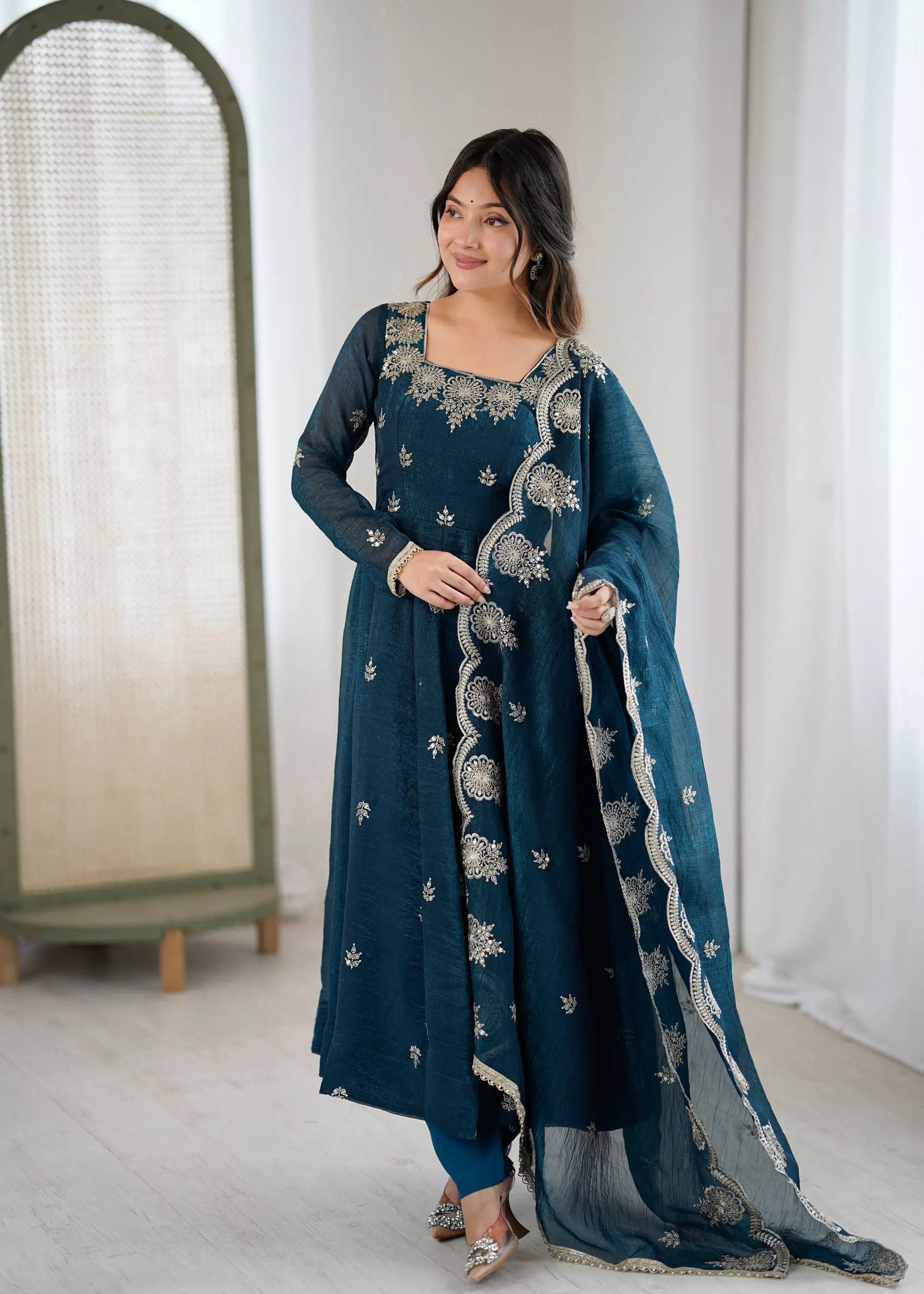 Embroidered Crunchy Silk Anarkali Gown Set