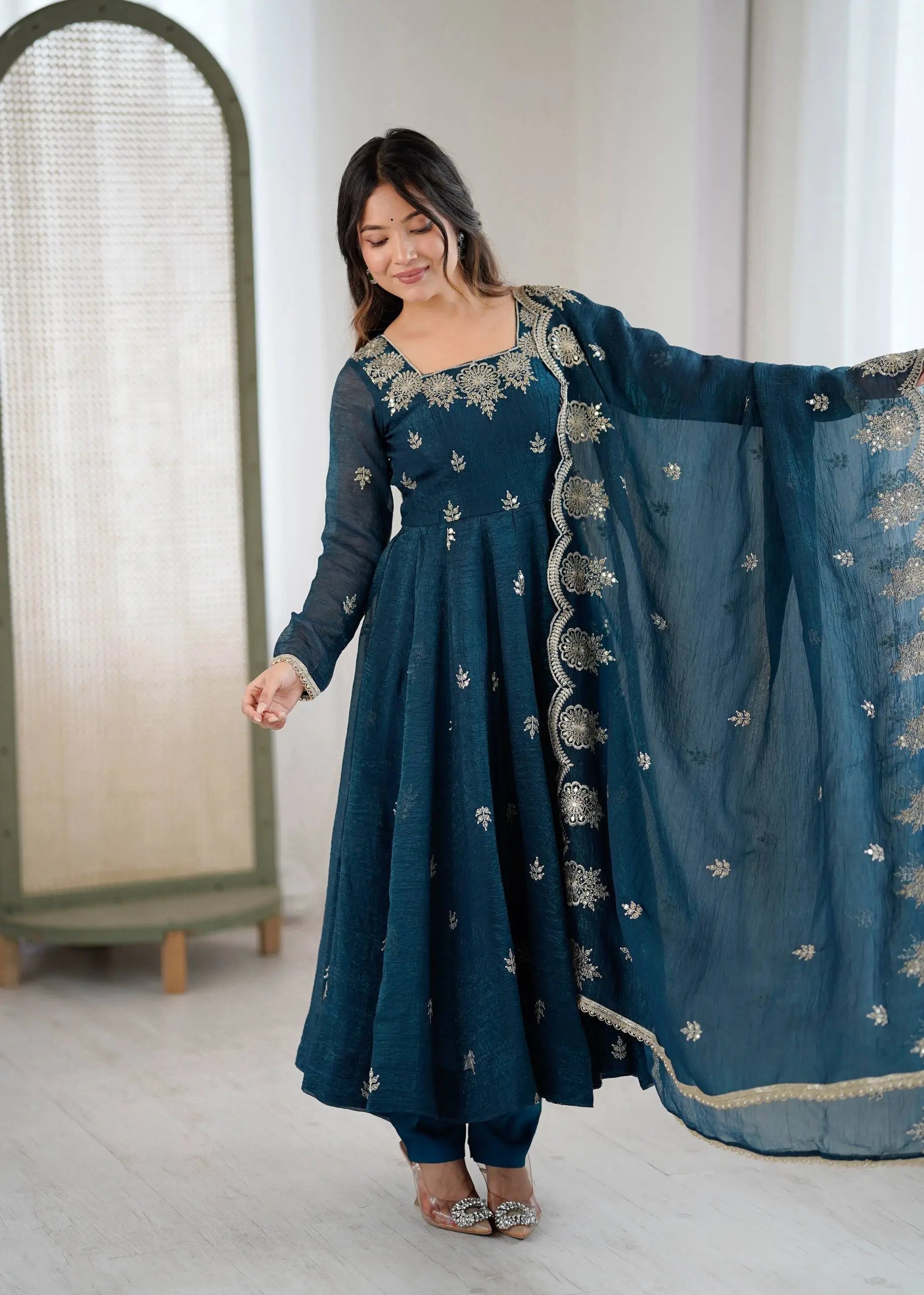 Embroidered Crunchy Silk Anarkali Gown Set
