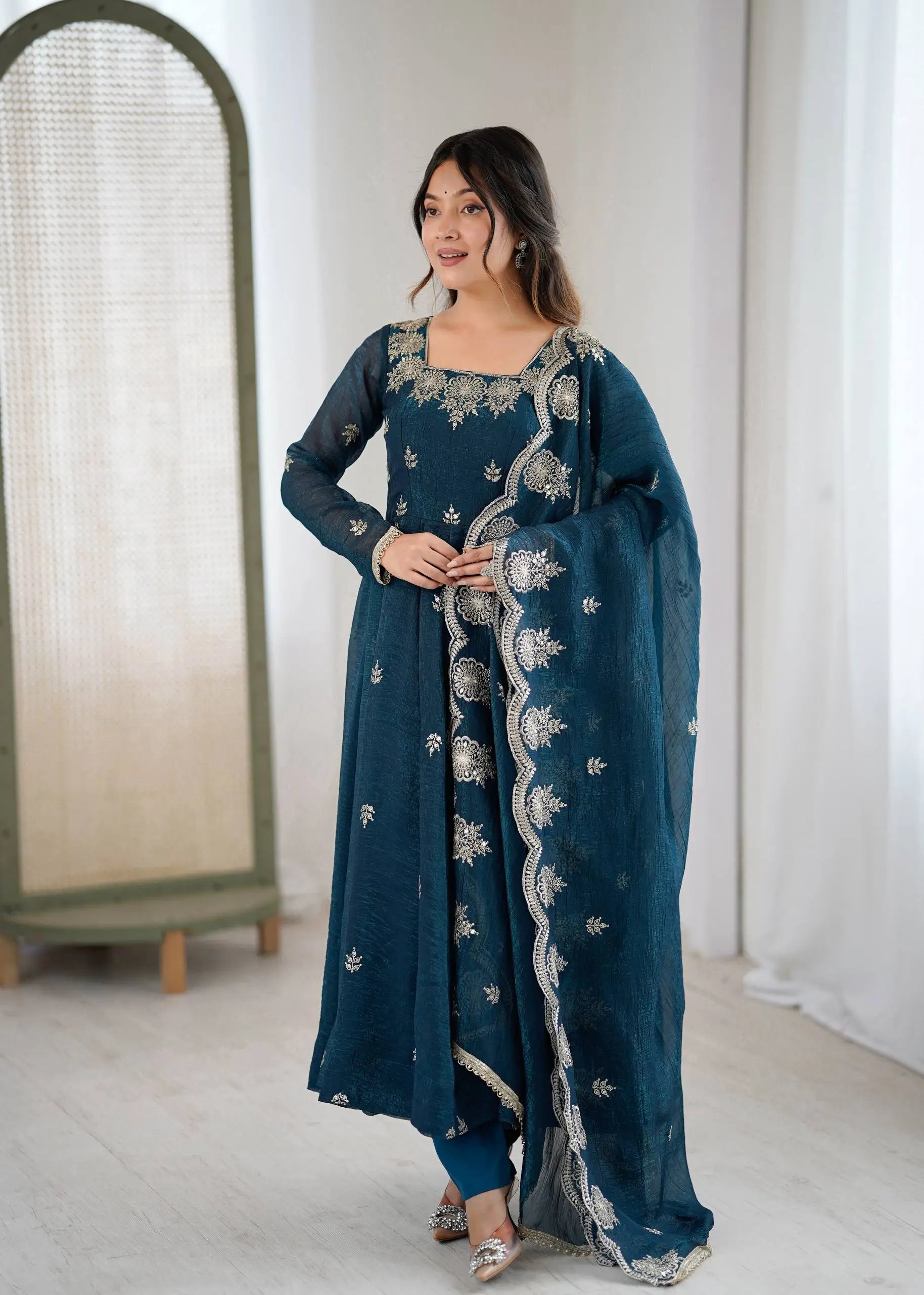 Embroidered Crunchy Silk Anarkali Gown Set