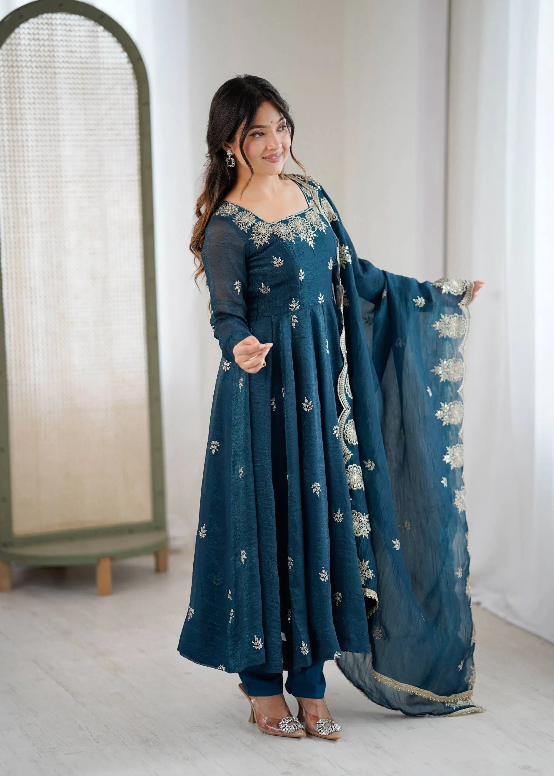 Embroidered Crunchy Silk Anarkali Gown Set
