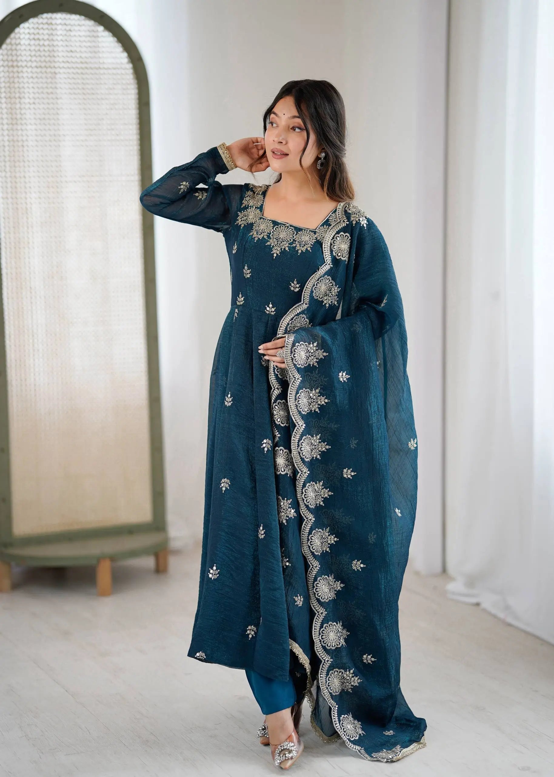 Embroidered Crunchy Silk Anarkali Gown Set