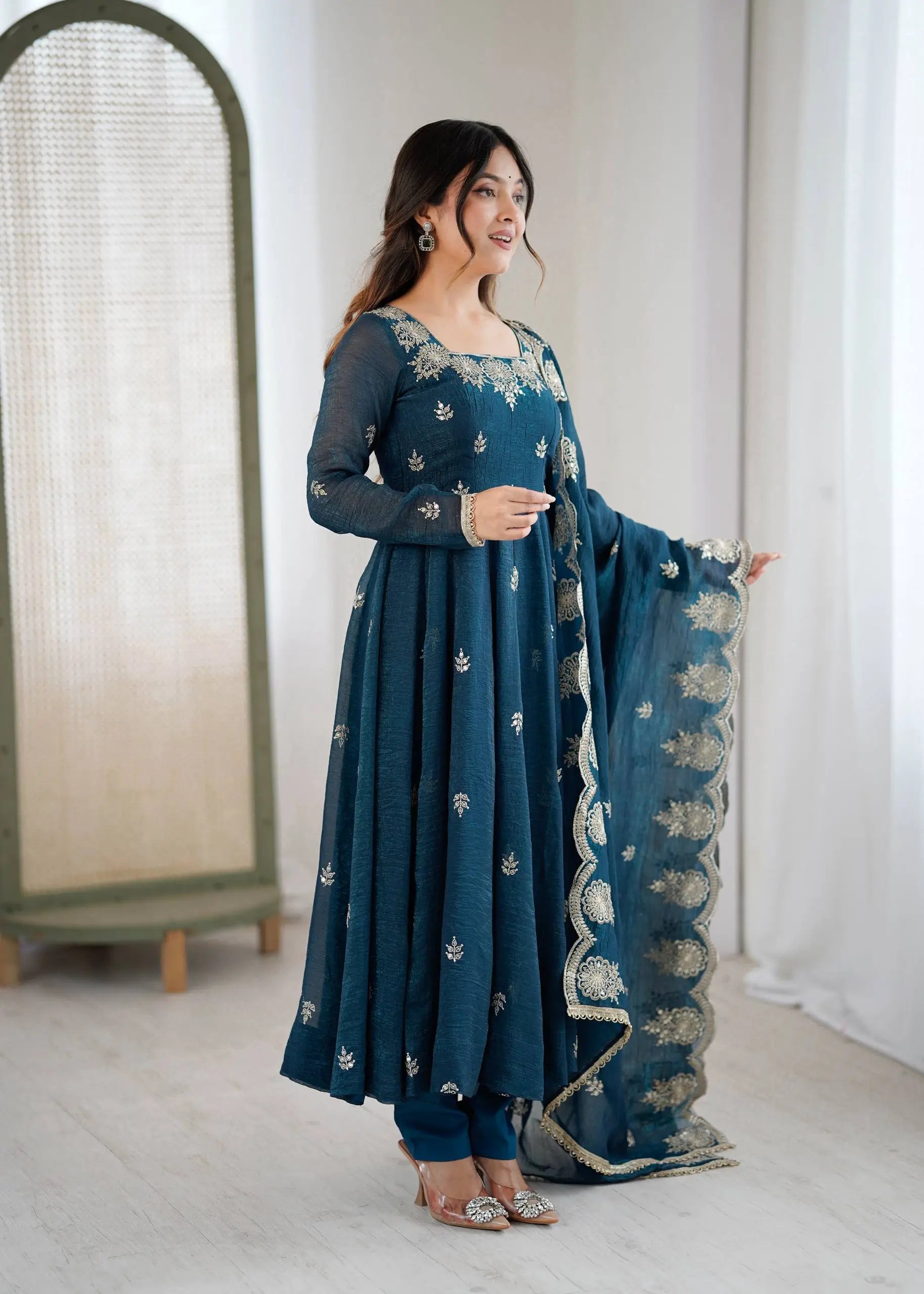 Embroidered Crunchy Silk Anarkali Gown Set