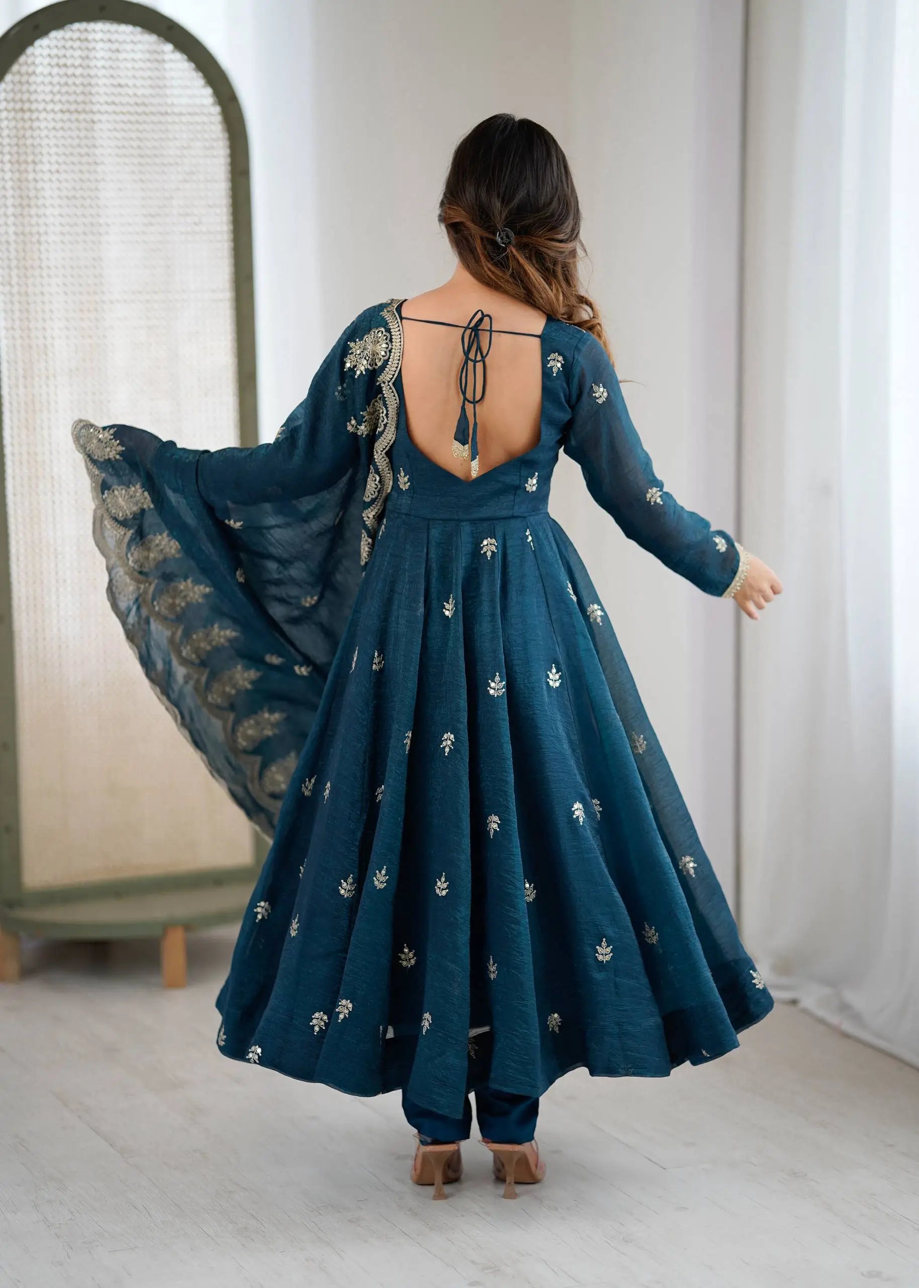 Embroidered Crunchy Silk Anarkali Gown Set
