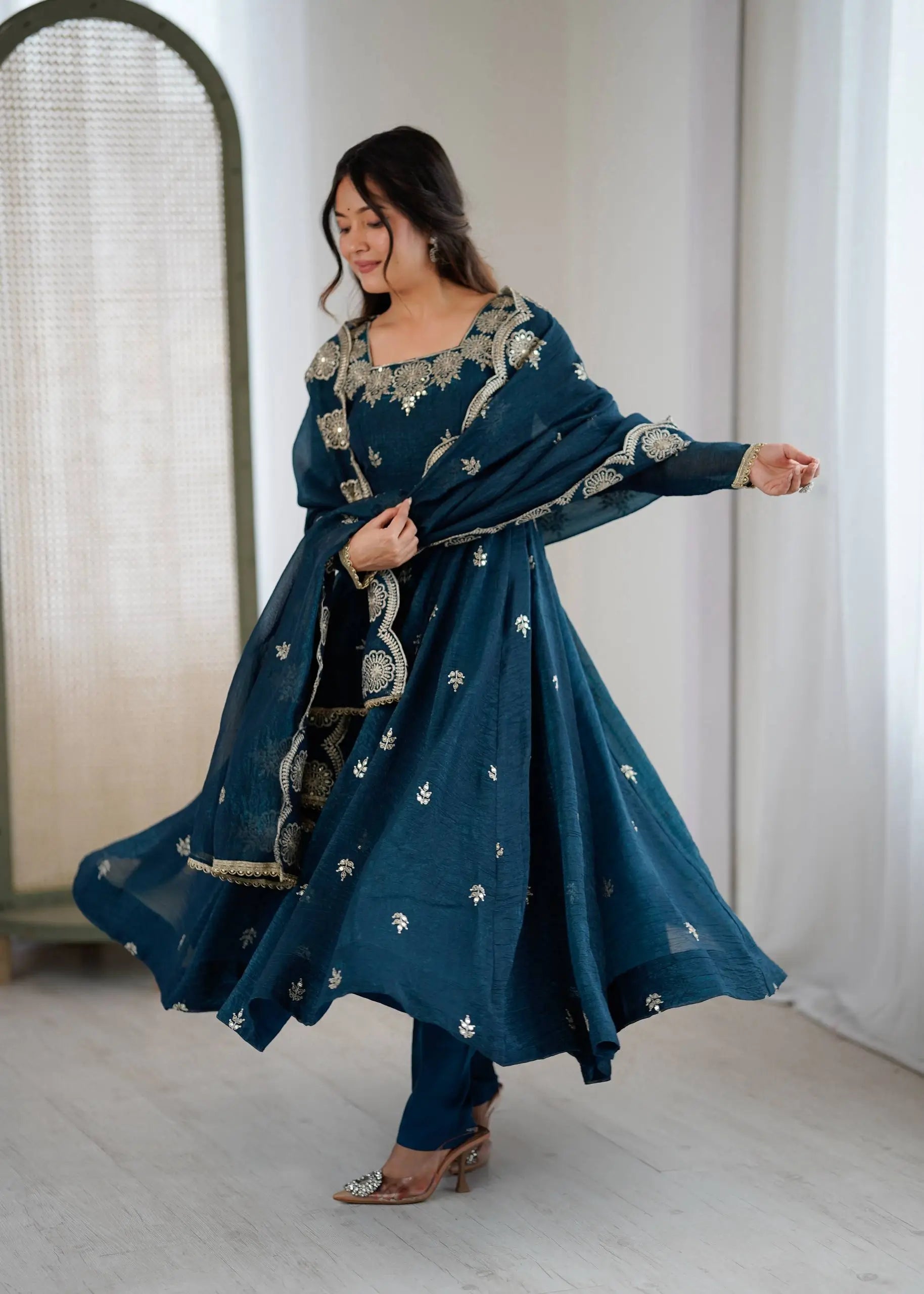 Embroidered Crunchy Silk Anarkali Gown Set