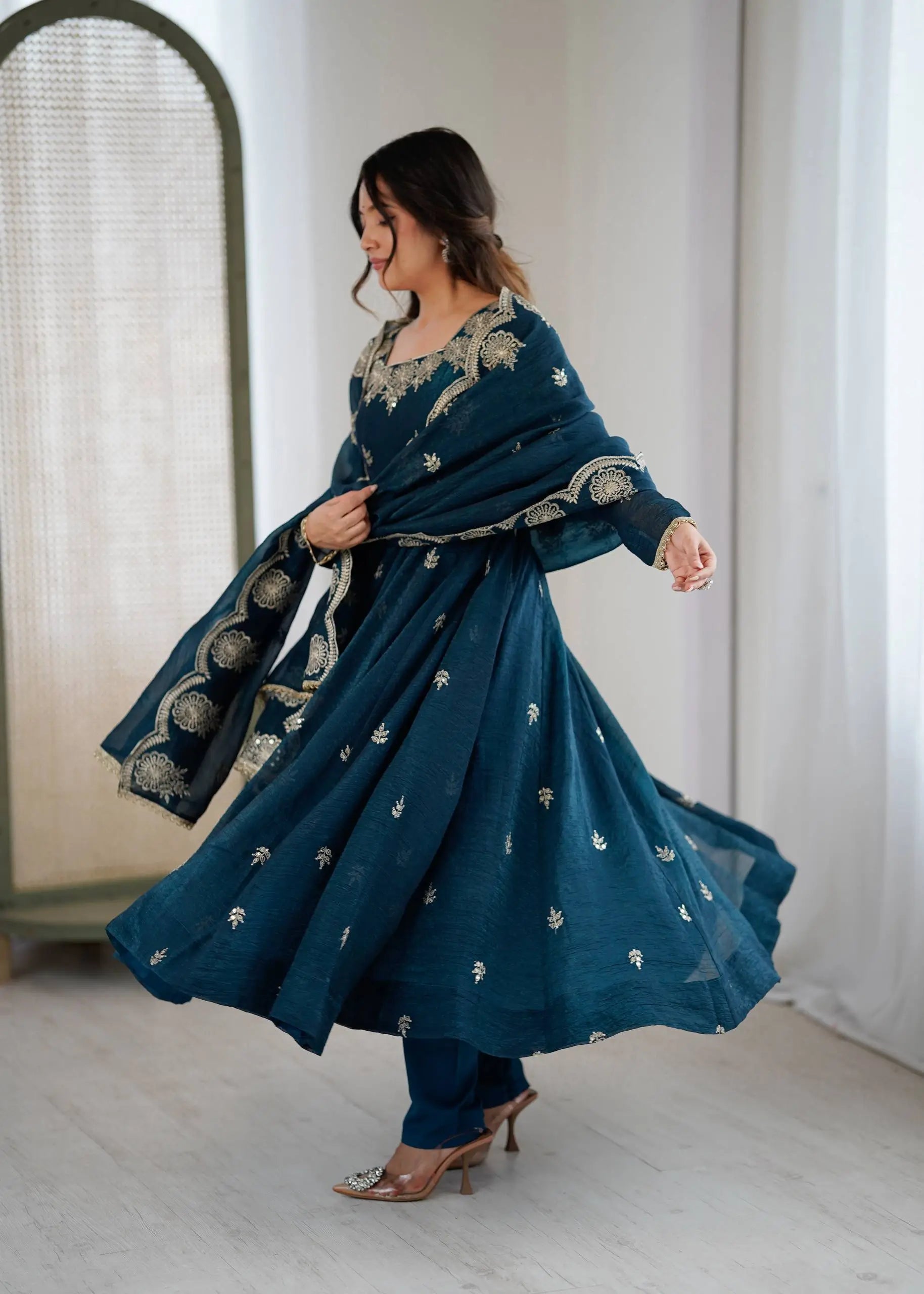 Embroidered Crunchy Silk Anarkali Gown Set