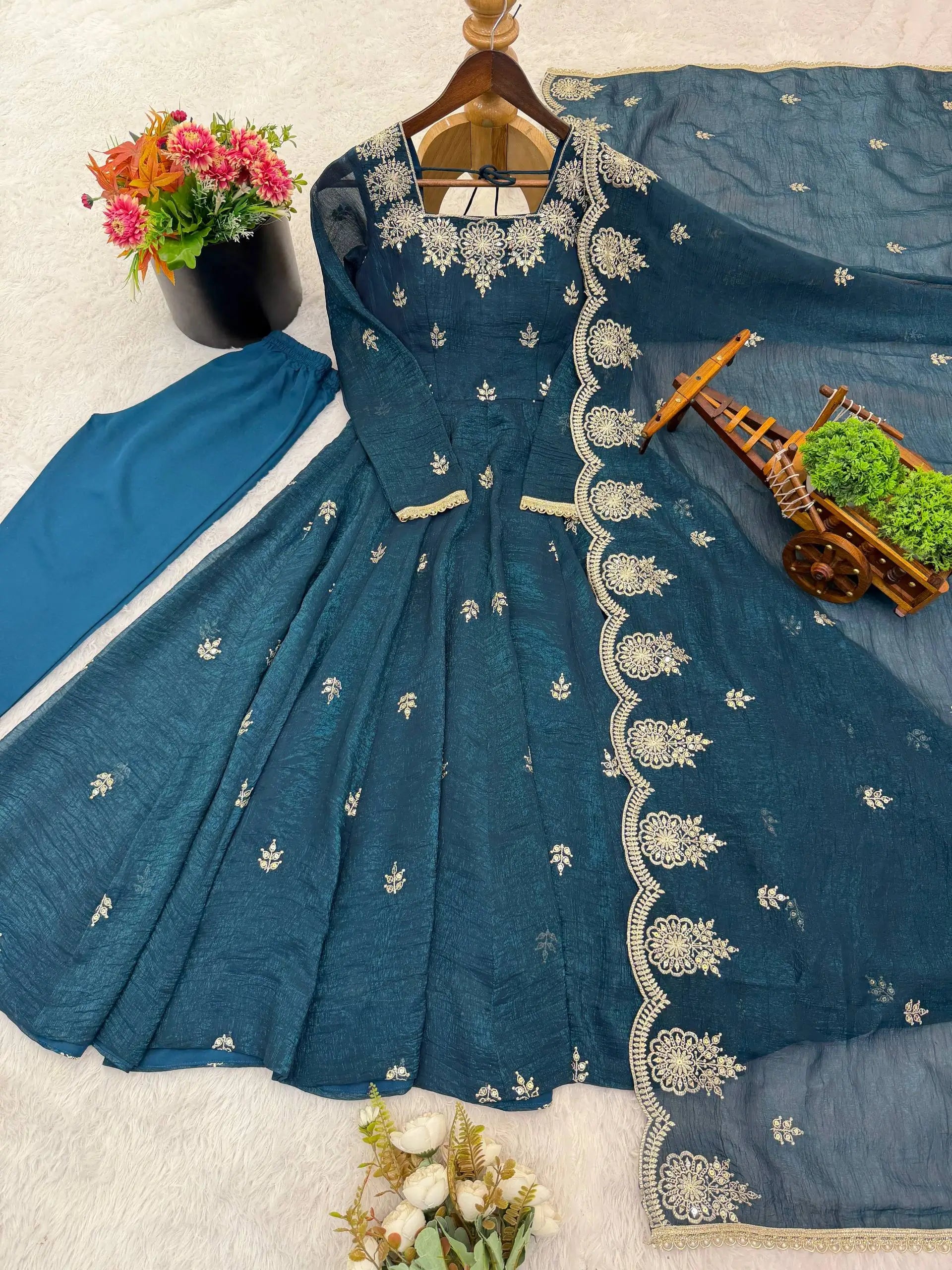 Embroidered Crunchy Silk Anarkali Gown Set