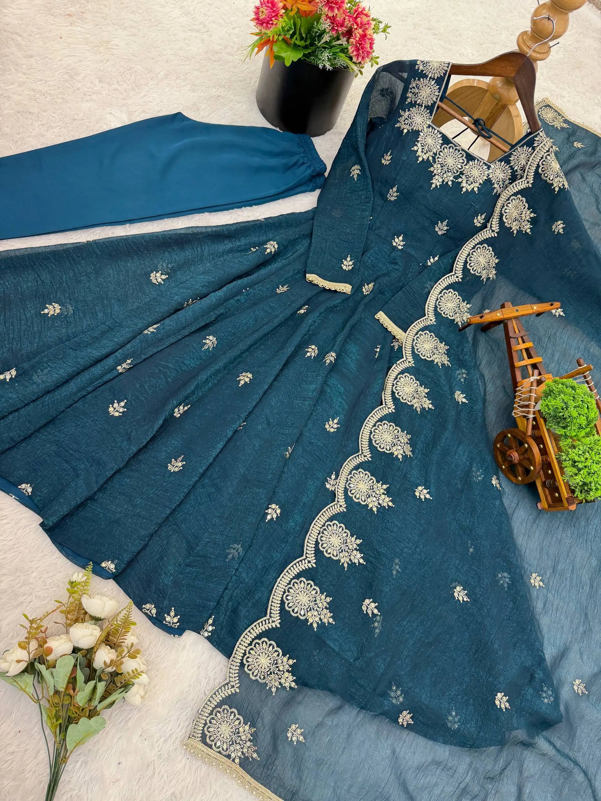 Embroidered Crunchy Silk Anarkali Gown Set