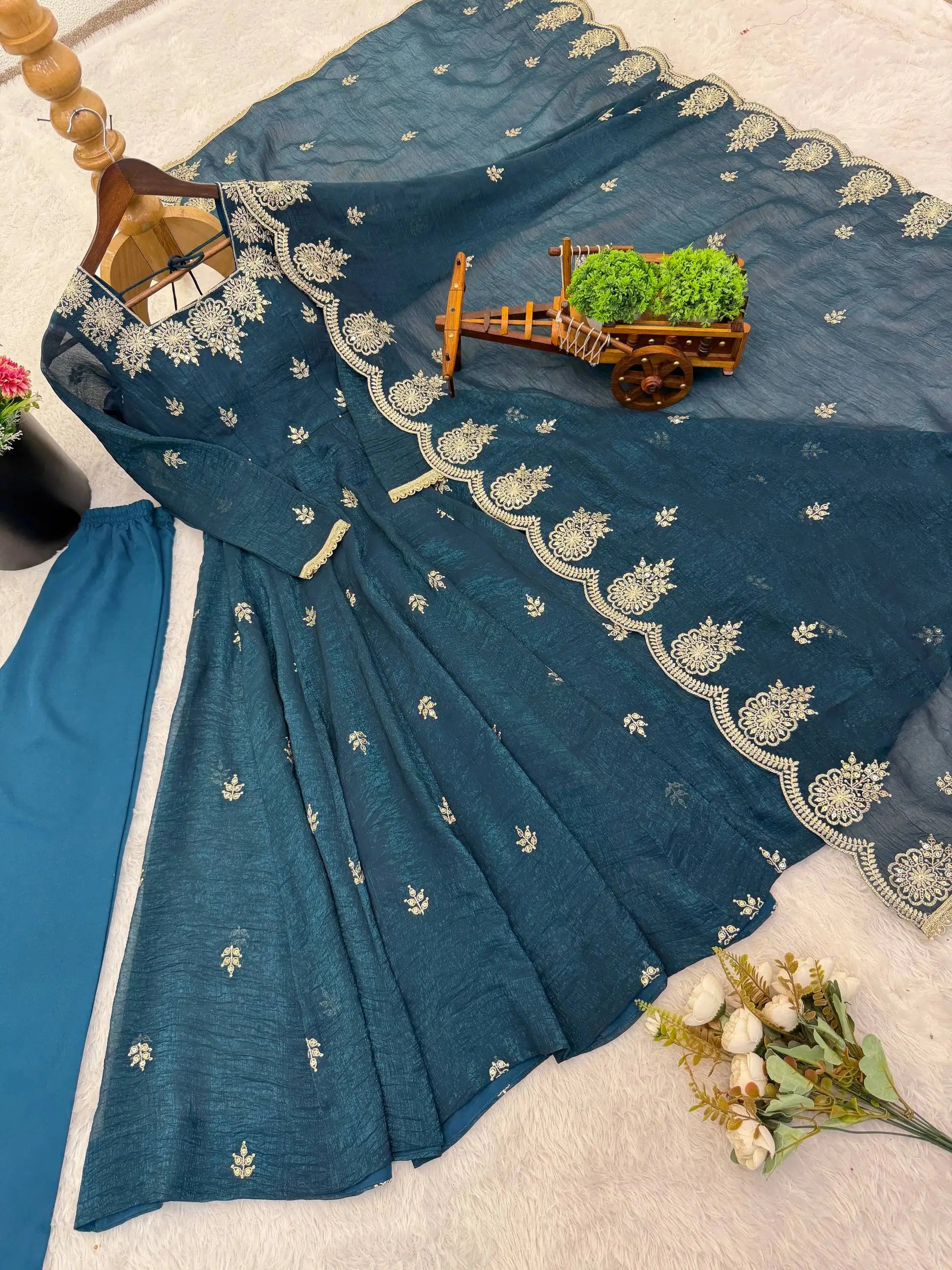 Embroidered Crunchy Silk Anarkali Gown Set