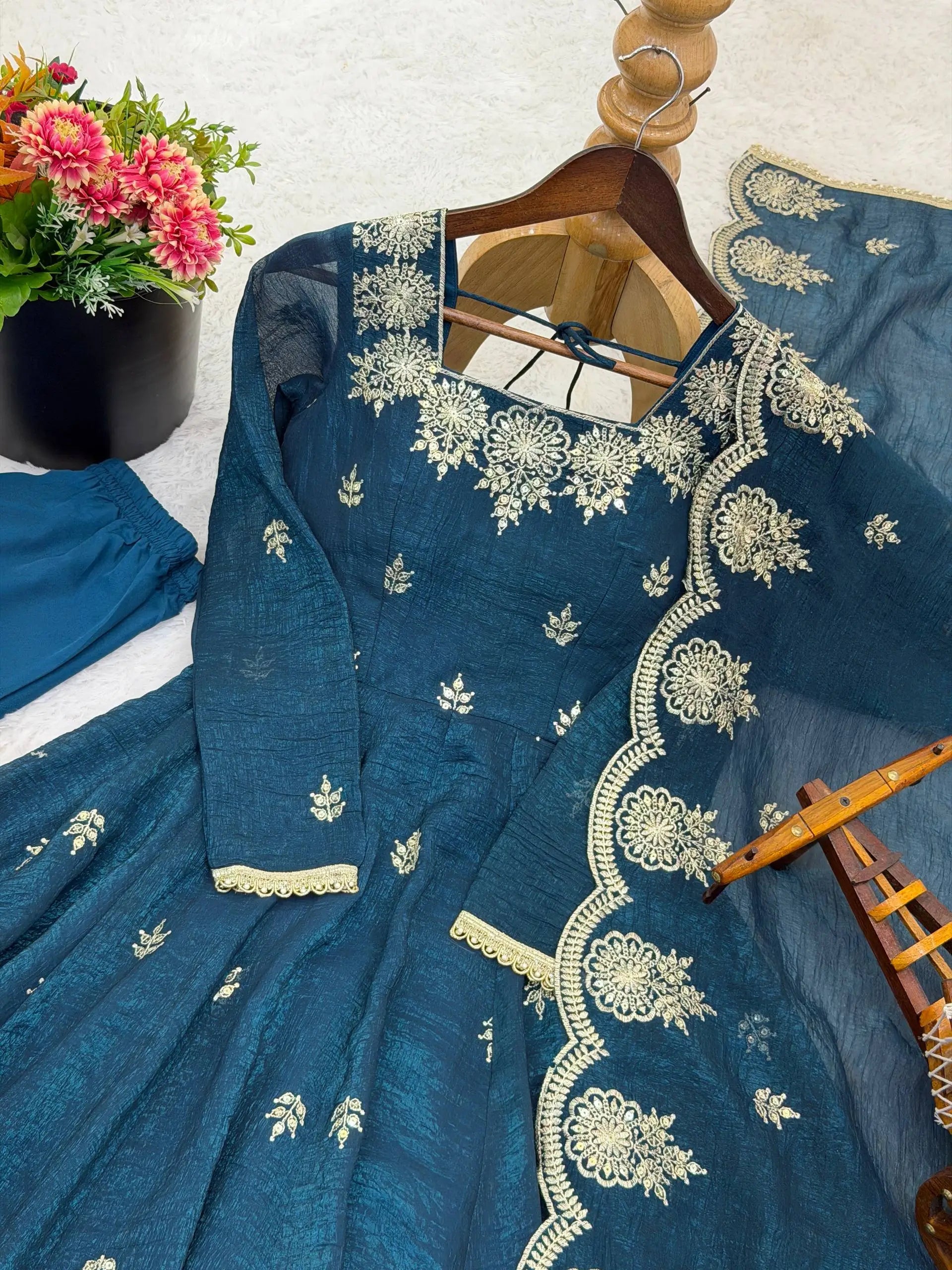 Embroidered Crunchy Silk Anarkali Gown Set