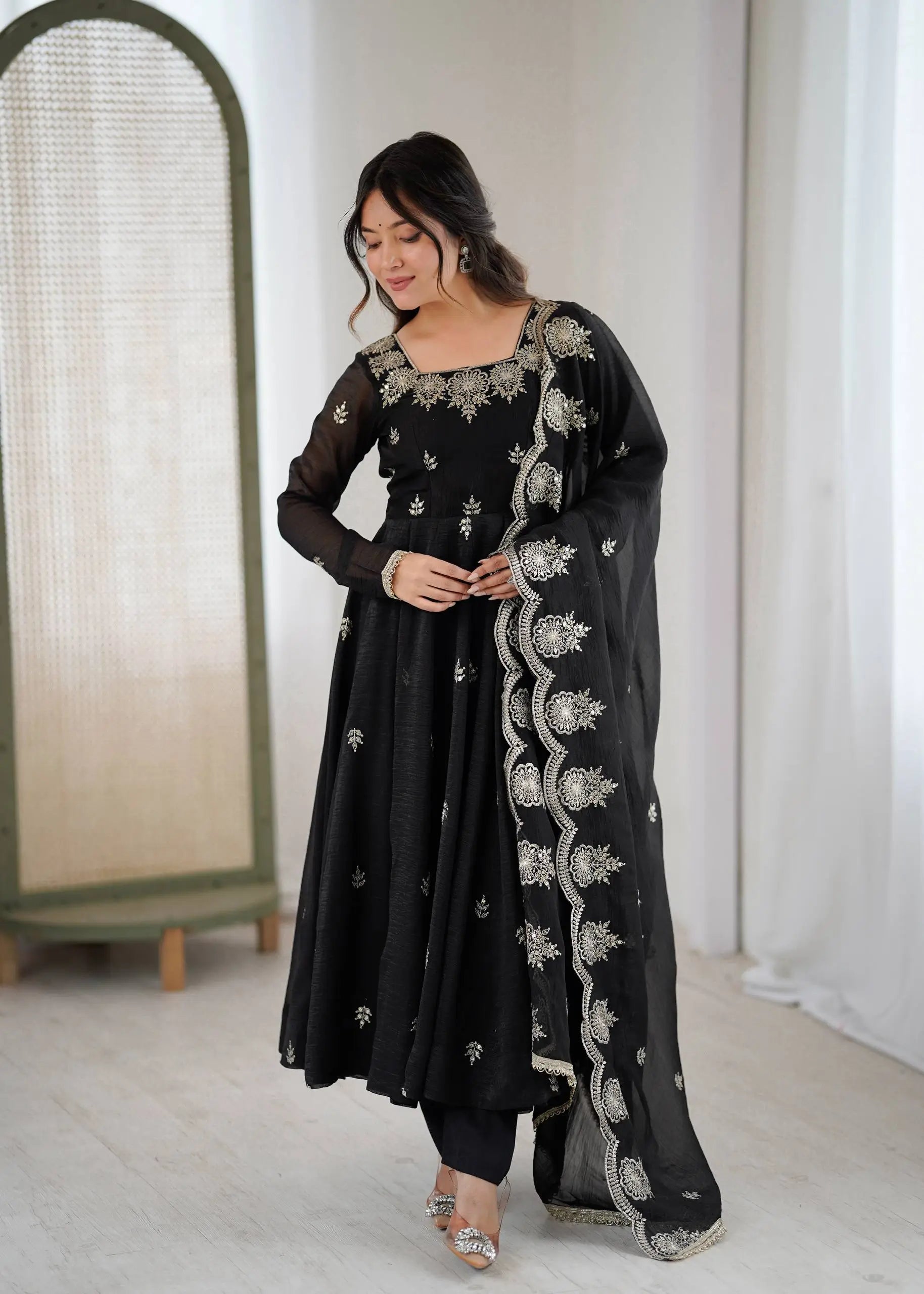 Embroidered Crunchy Silk Anarkali Gown Set