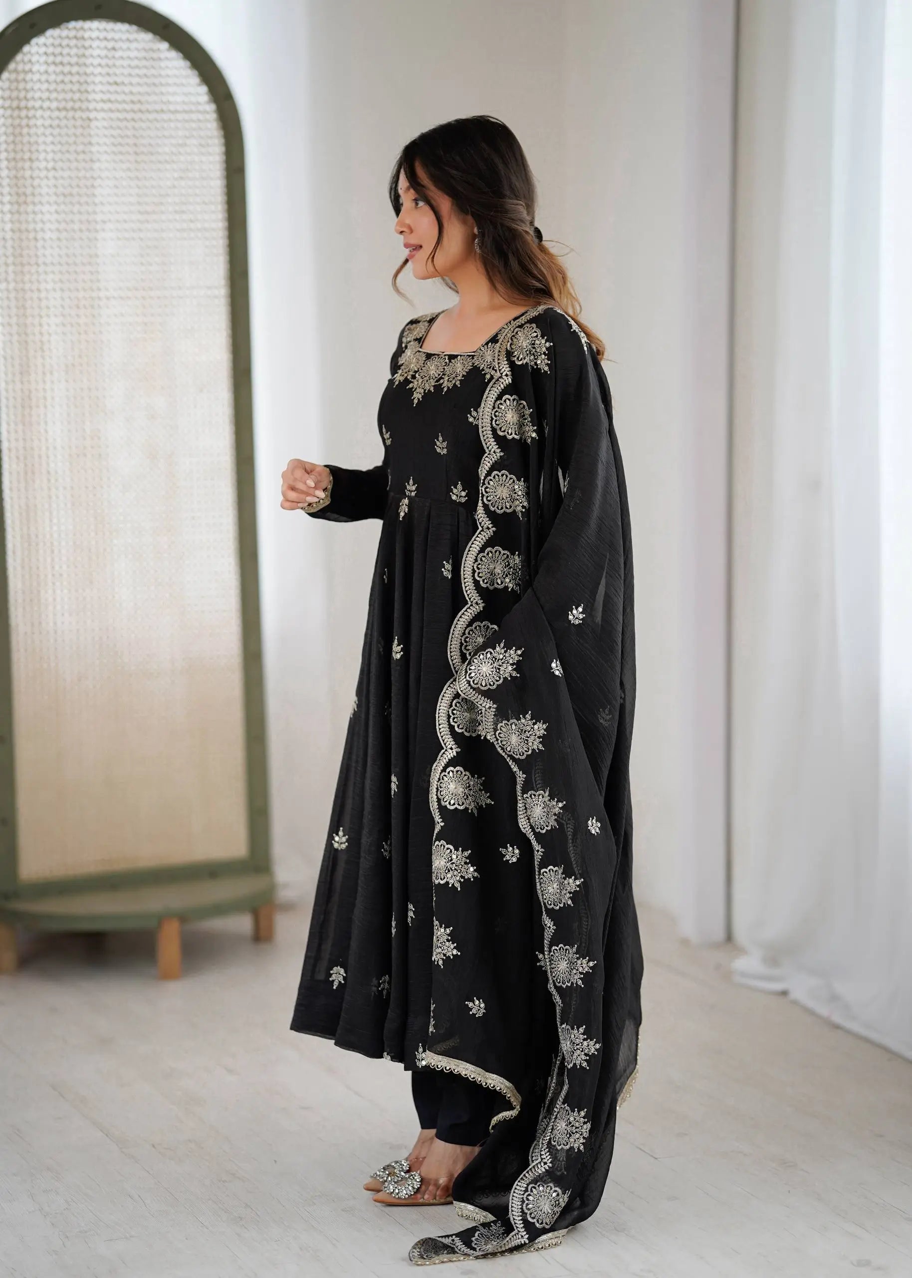Embroidered Crunchy Silk Anarkali Gown Set