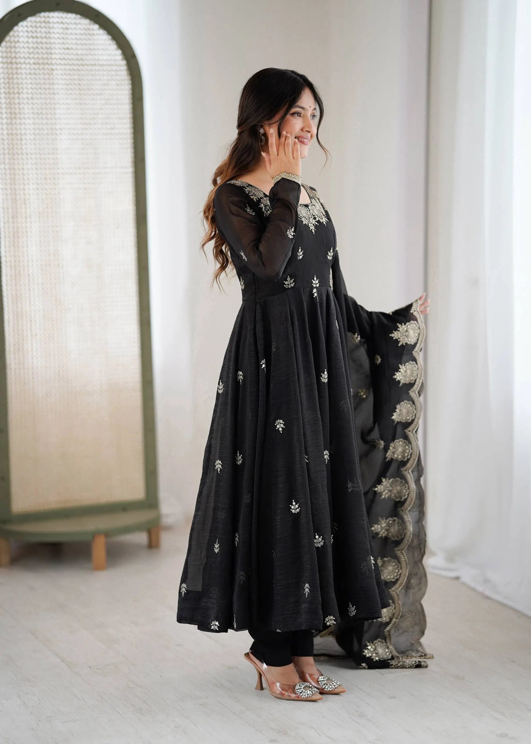 Embroidered Crunchy Silk Anarkali Gown Set