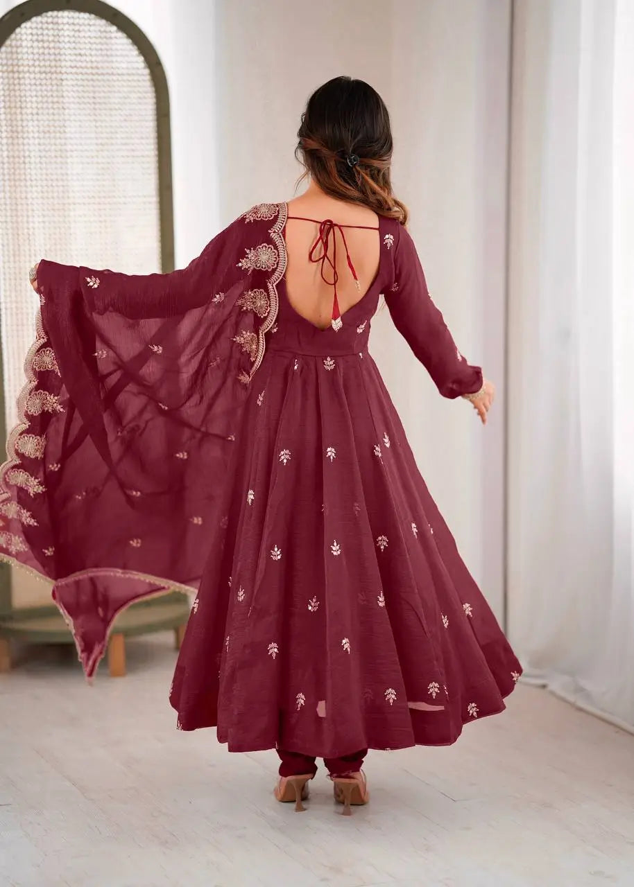 Embroidered Crunchy Silk Anarkali Gown Set