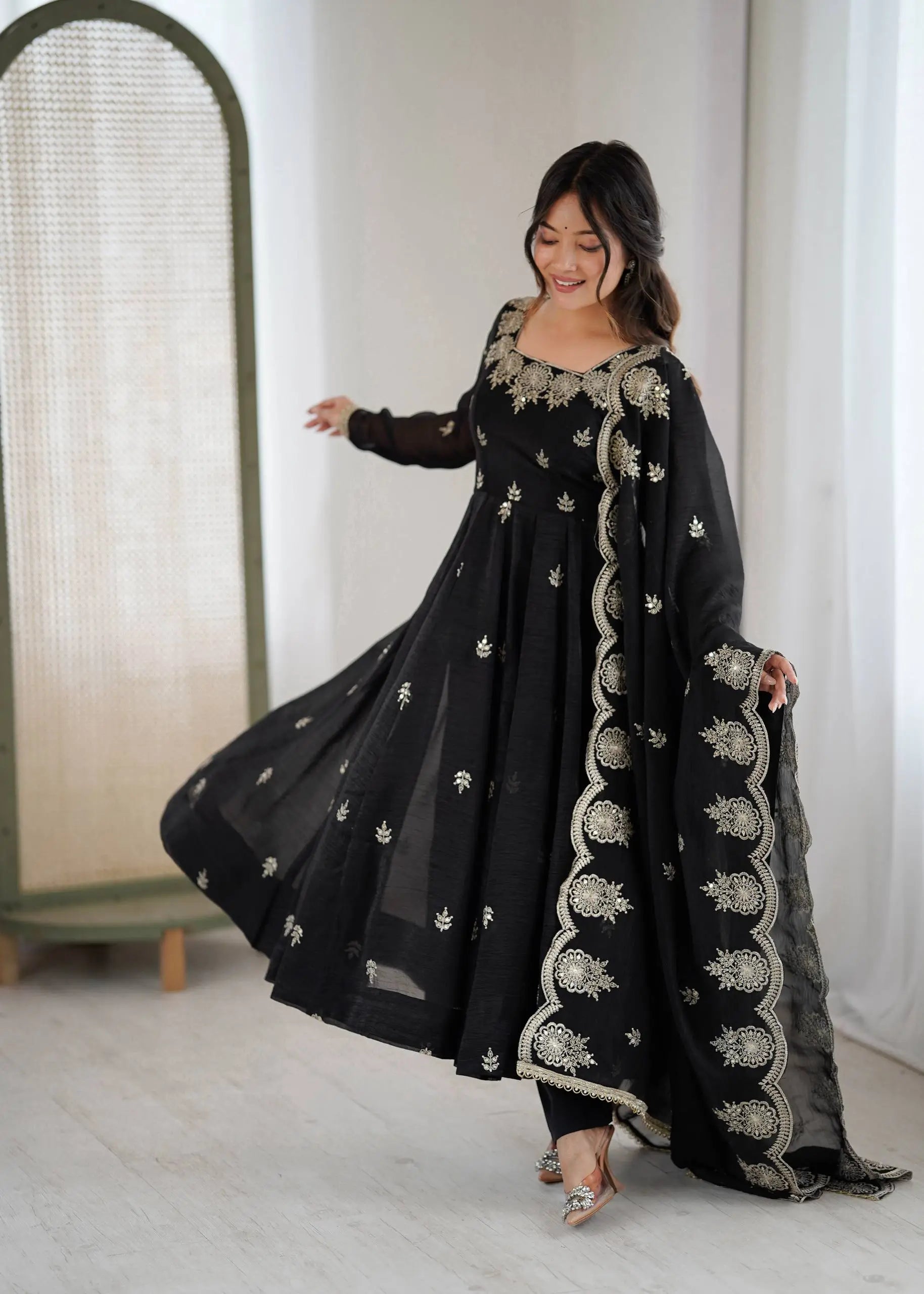Embroidered Crunchy Silk Anarkali Gown Set