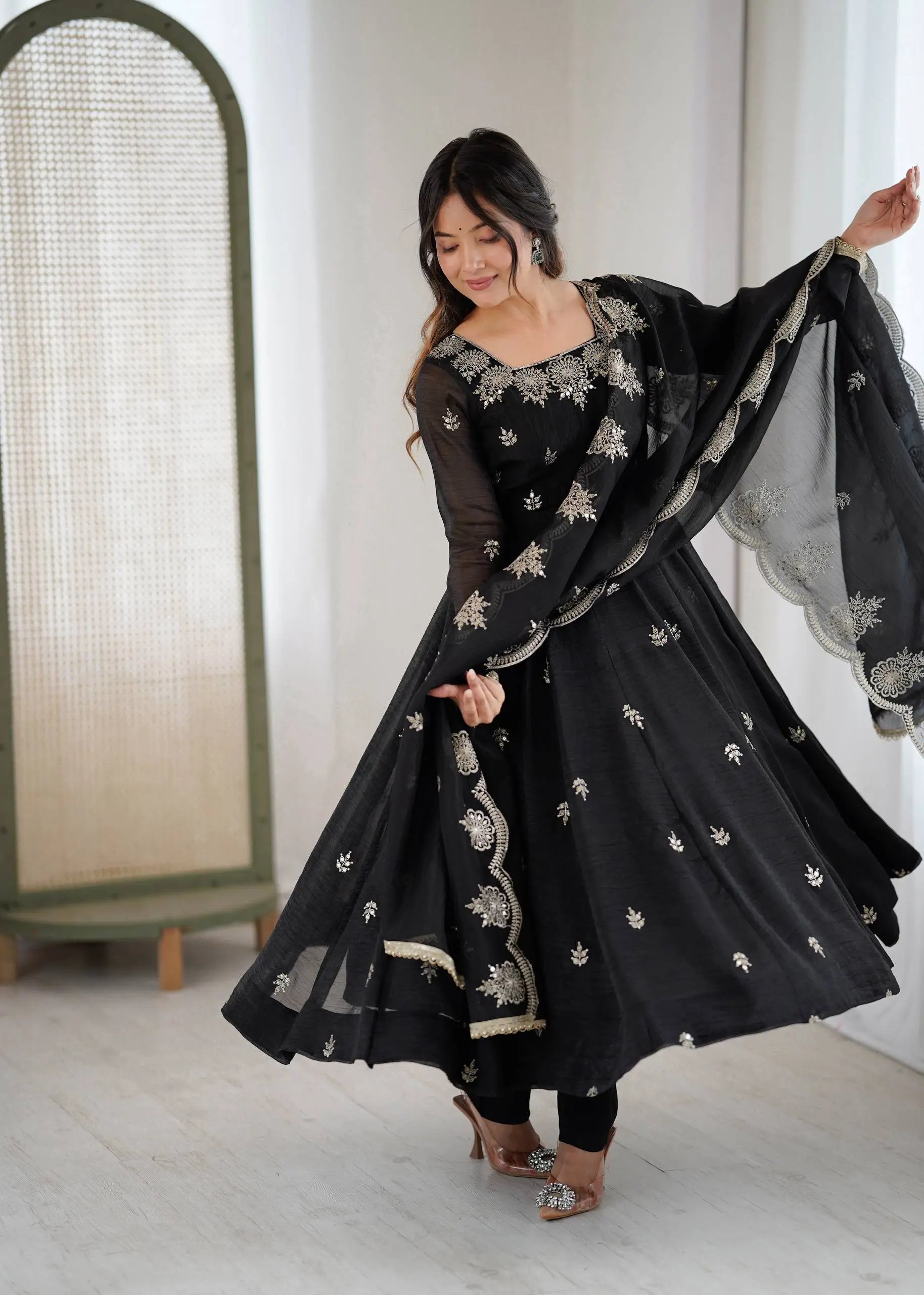 Embroidered Crunchy Silk Anarkali Gown Set