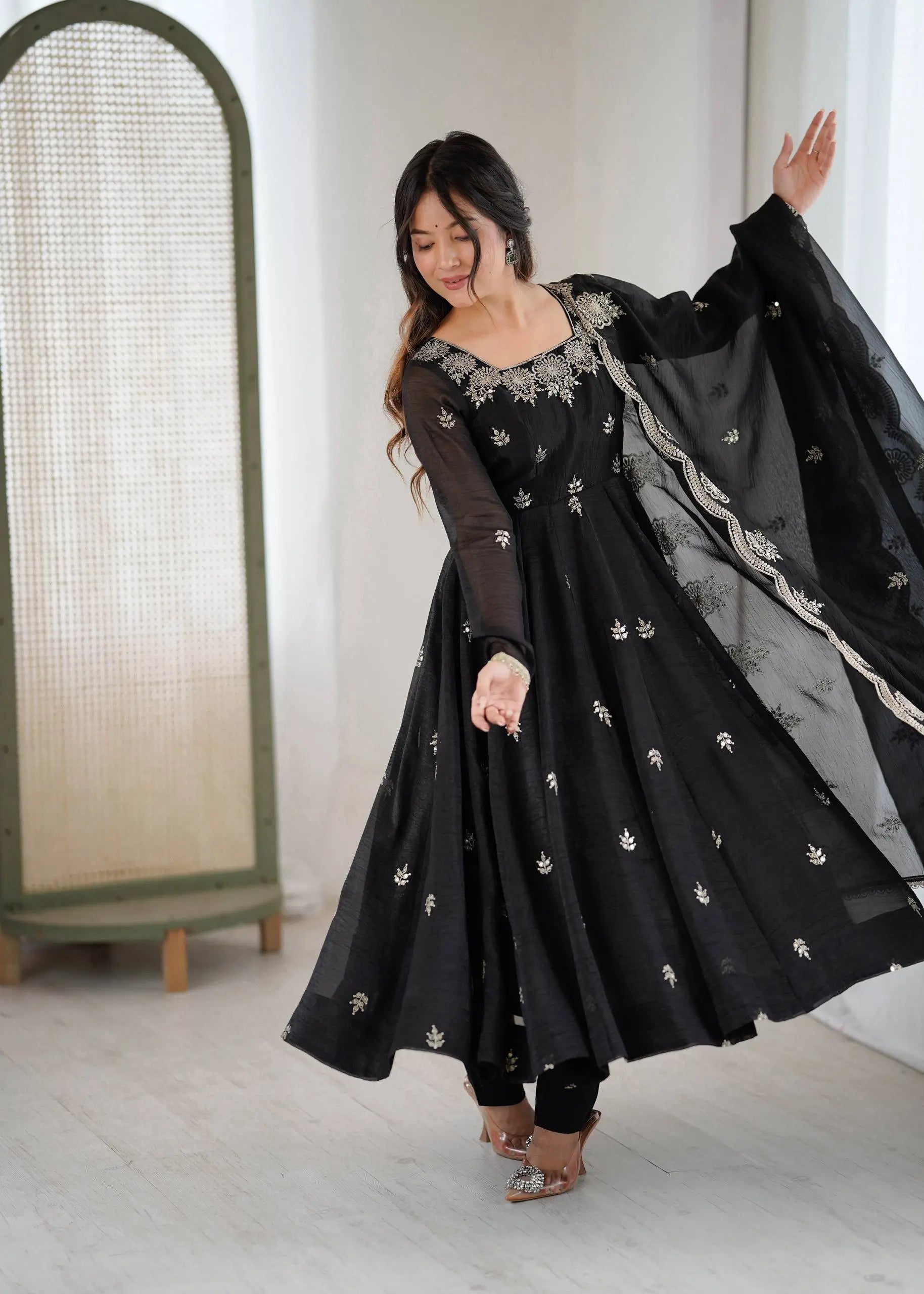 Embroidered Crunchy Silk Anarkali Gown Set