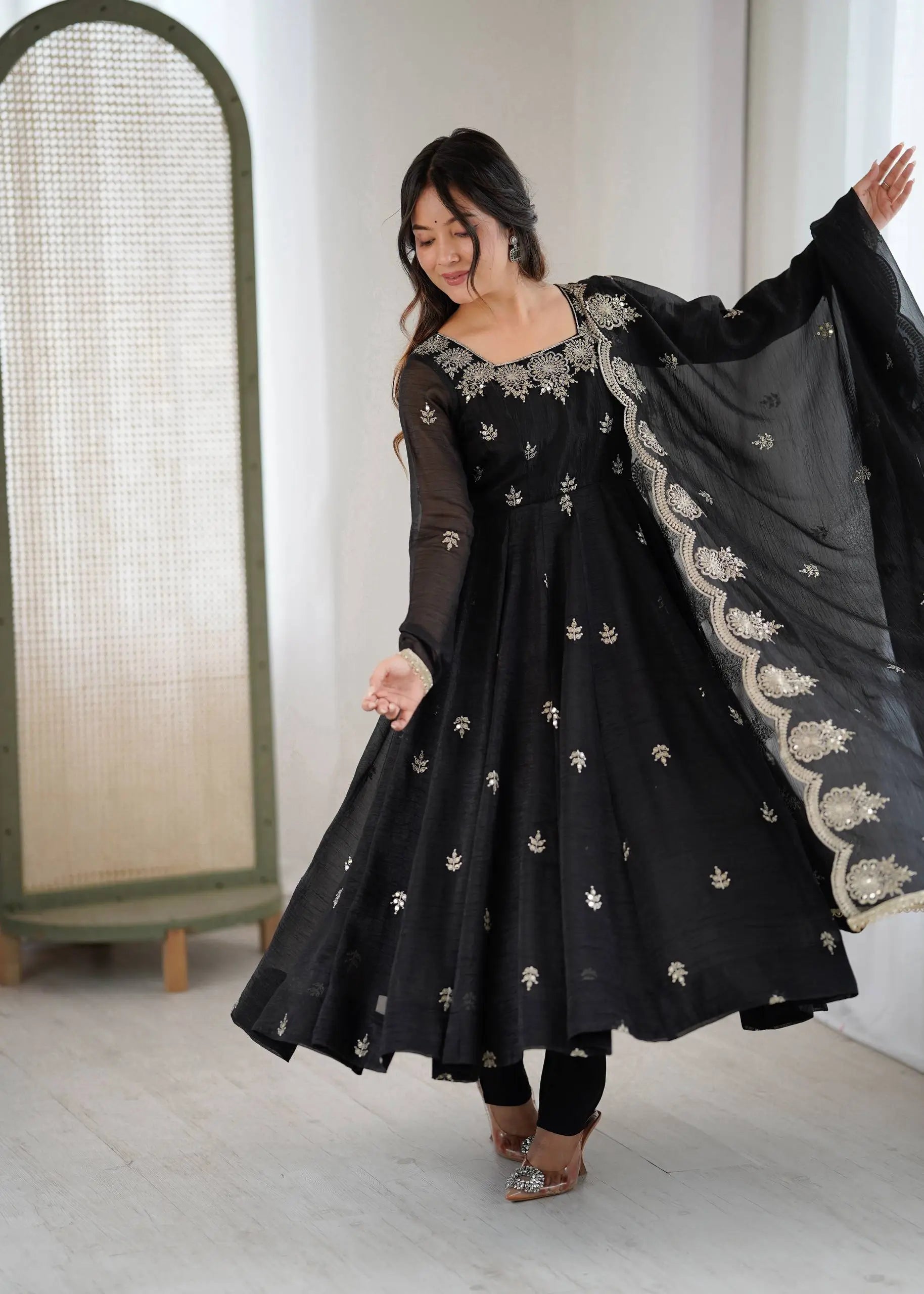 Embroidered Crunchy Silk Anarkali Gown Set