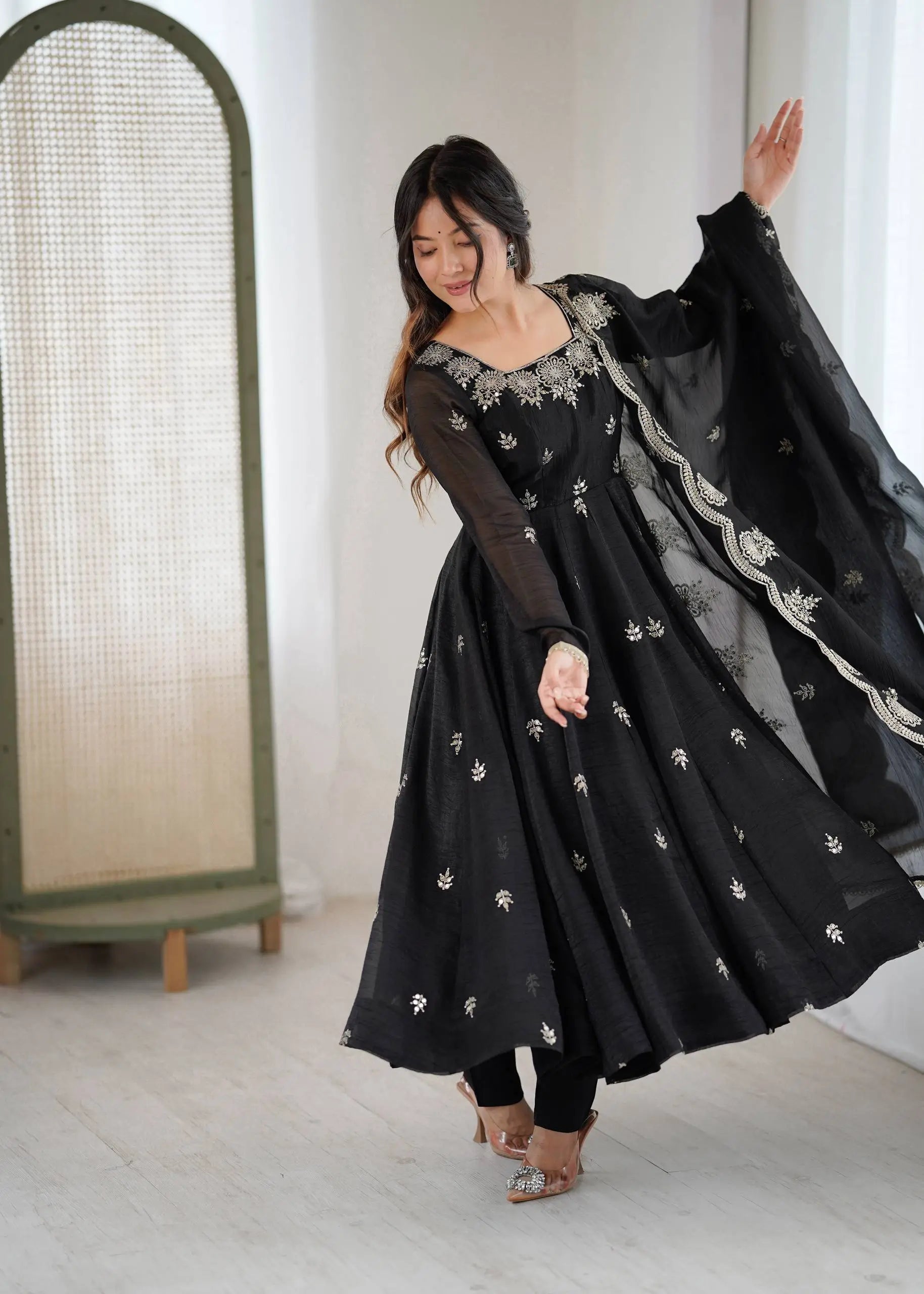 Embroidered Crunchy Silk Anarkali Gown Set