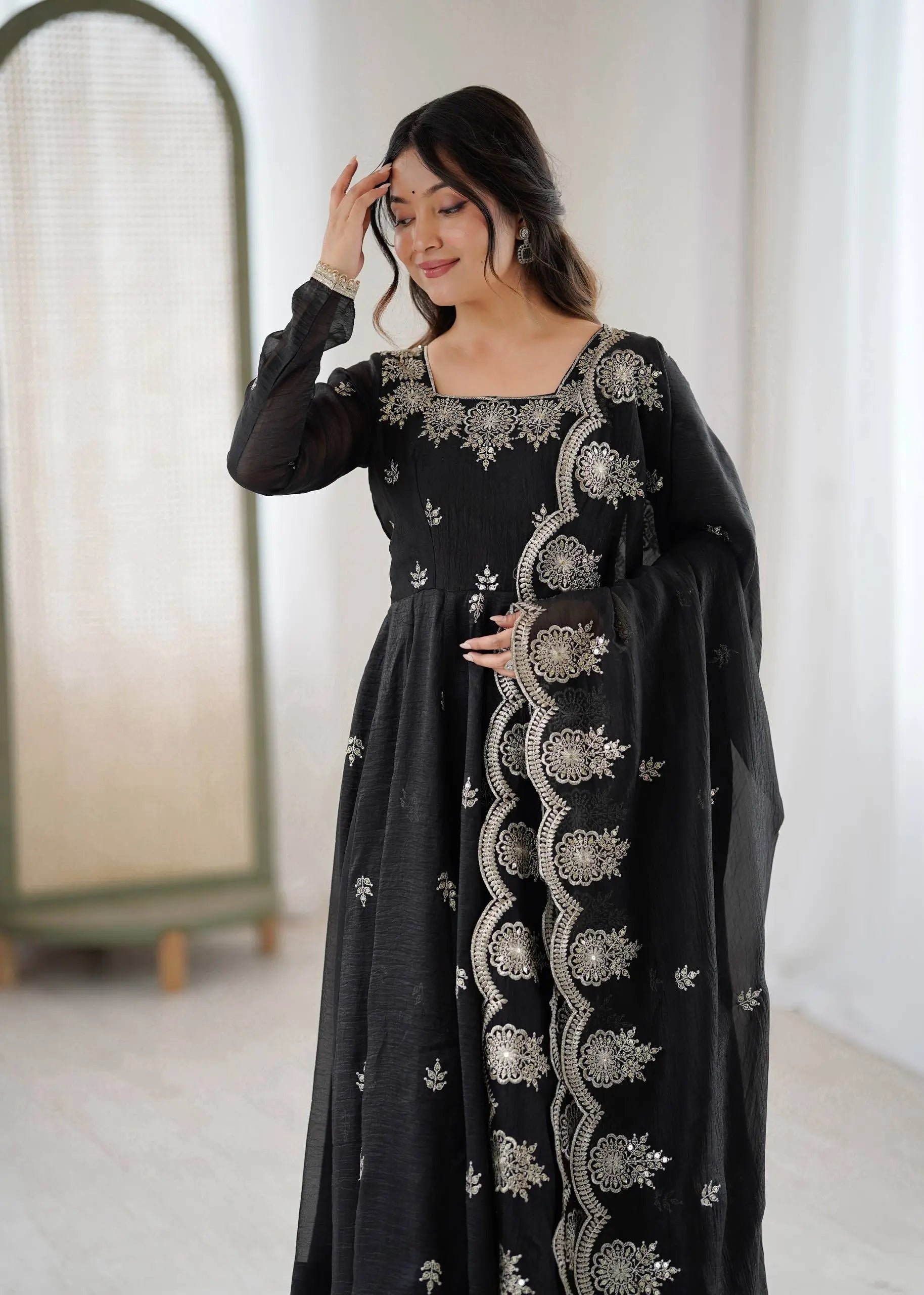 Embroidered Crunchy Silk Anarkali Gown Set