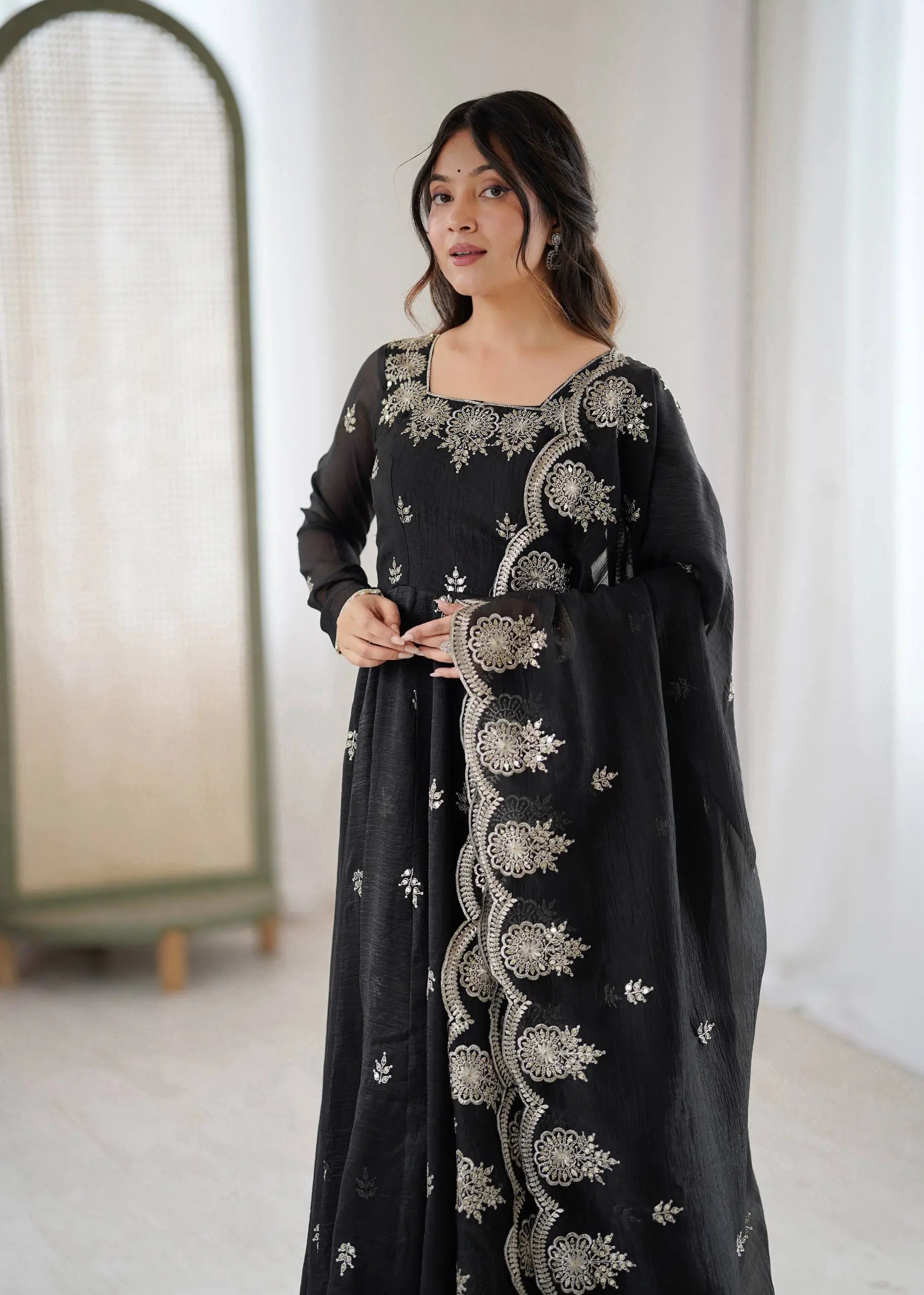 Embroidered Crunchy Silk Anarkali Gown Set
